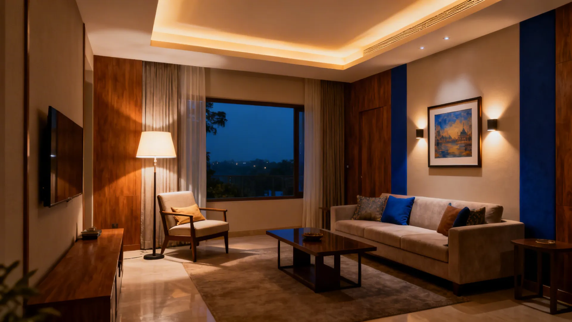 Living room with warm ceiling light, a task floor lamp, and an accent wall washer on art.