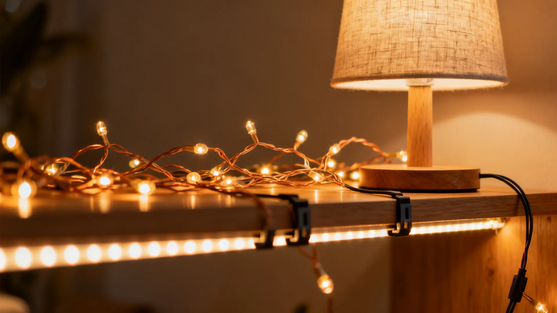 Macro of warm string lights, a linen-shade lamp, and LED strip creating flattering layered light.