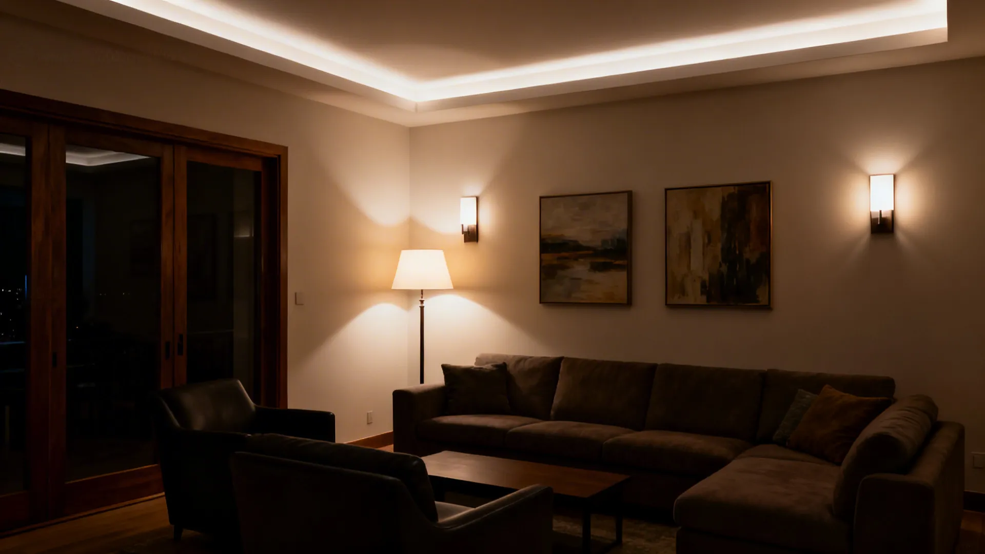 Evening living room with cove ambient light, floor lamp for reading, and wall sconces accenting art.
