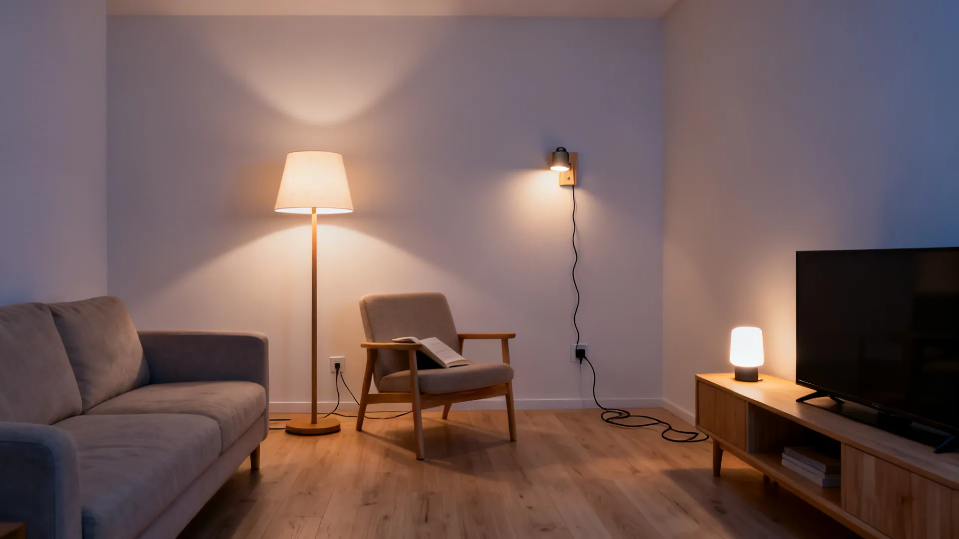 Small living room at dusk with floor lamp, plug-in sconce, and LED table lamp creating warm layers.