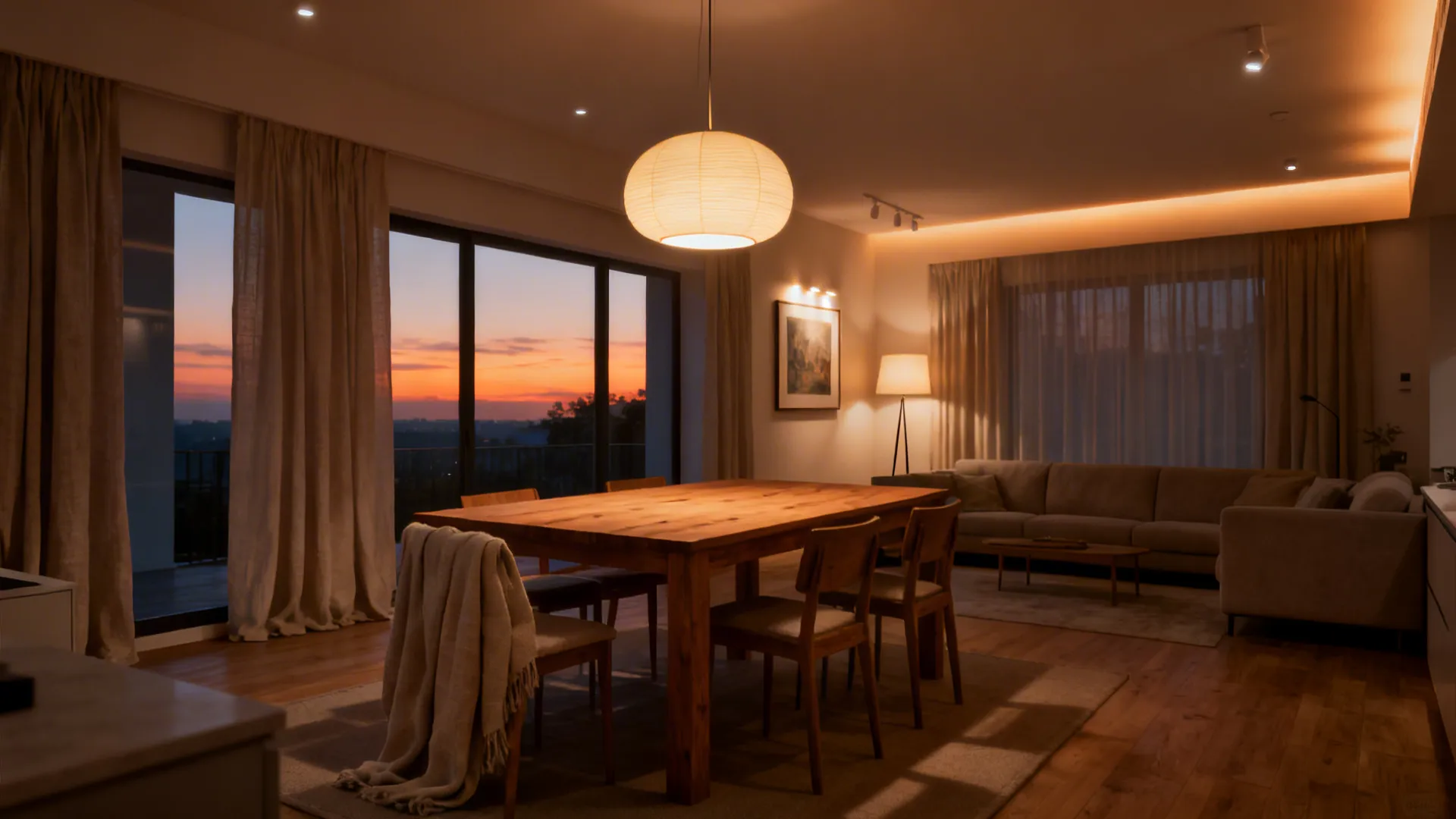 Layered lighting with pendant, picture lights, and floor lamp defines living and dining zones.