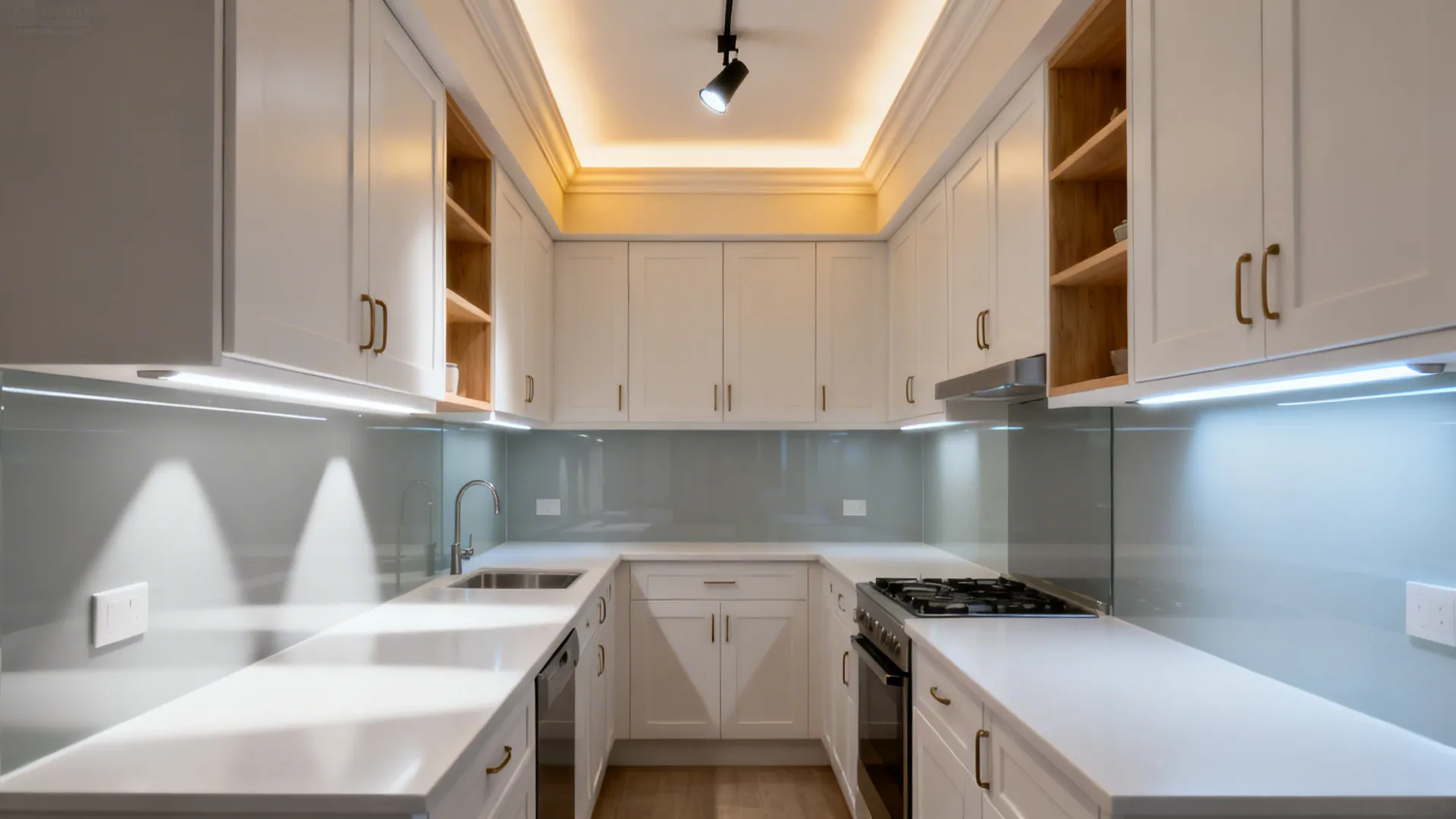 Compact galley kitchen with under-cabinet task lights, ceiling spots, and soft uplighting.