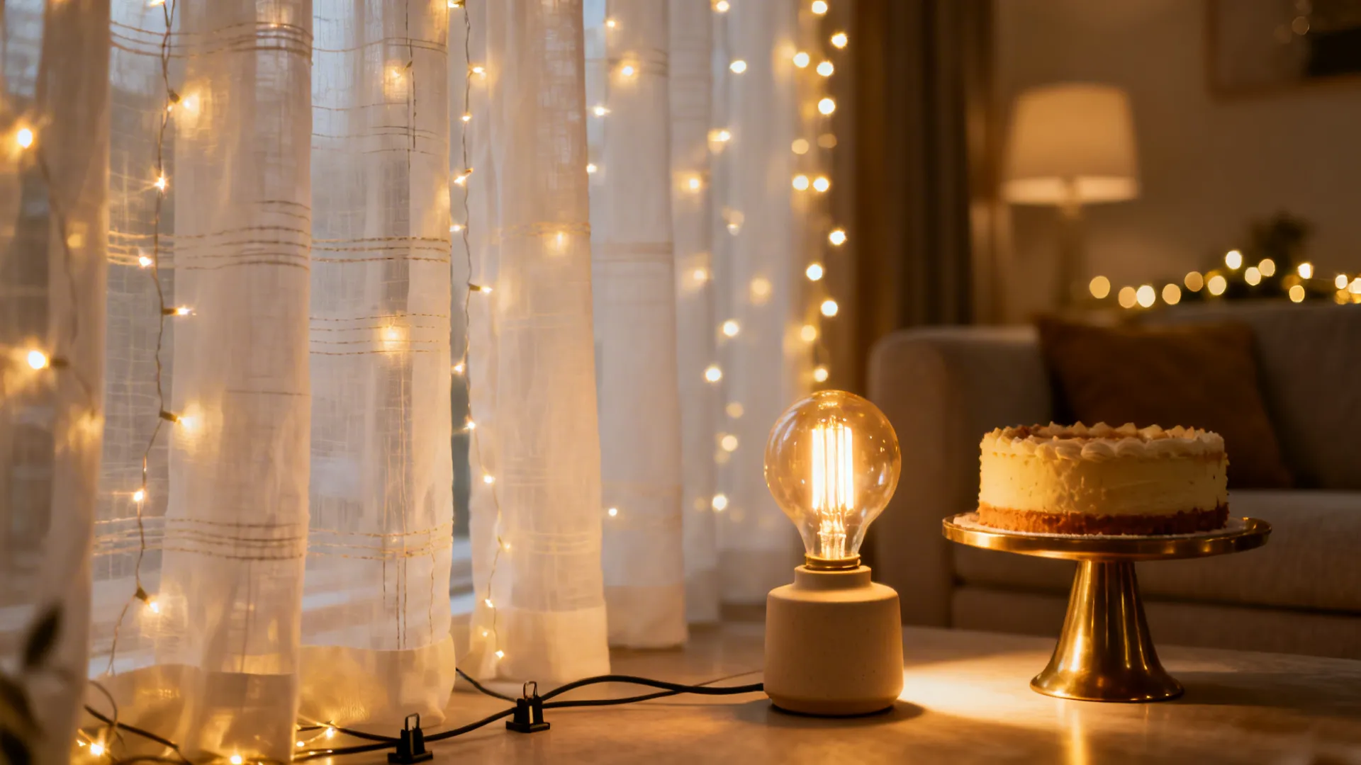 Macro of warm string lights behind sheers and a lamp highlighting a birthday cake.