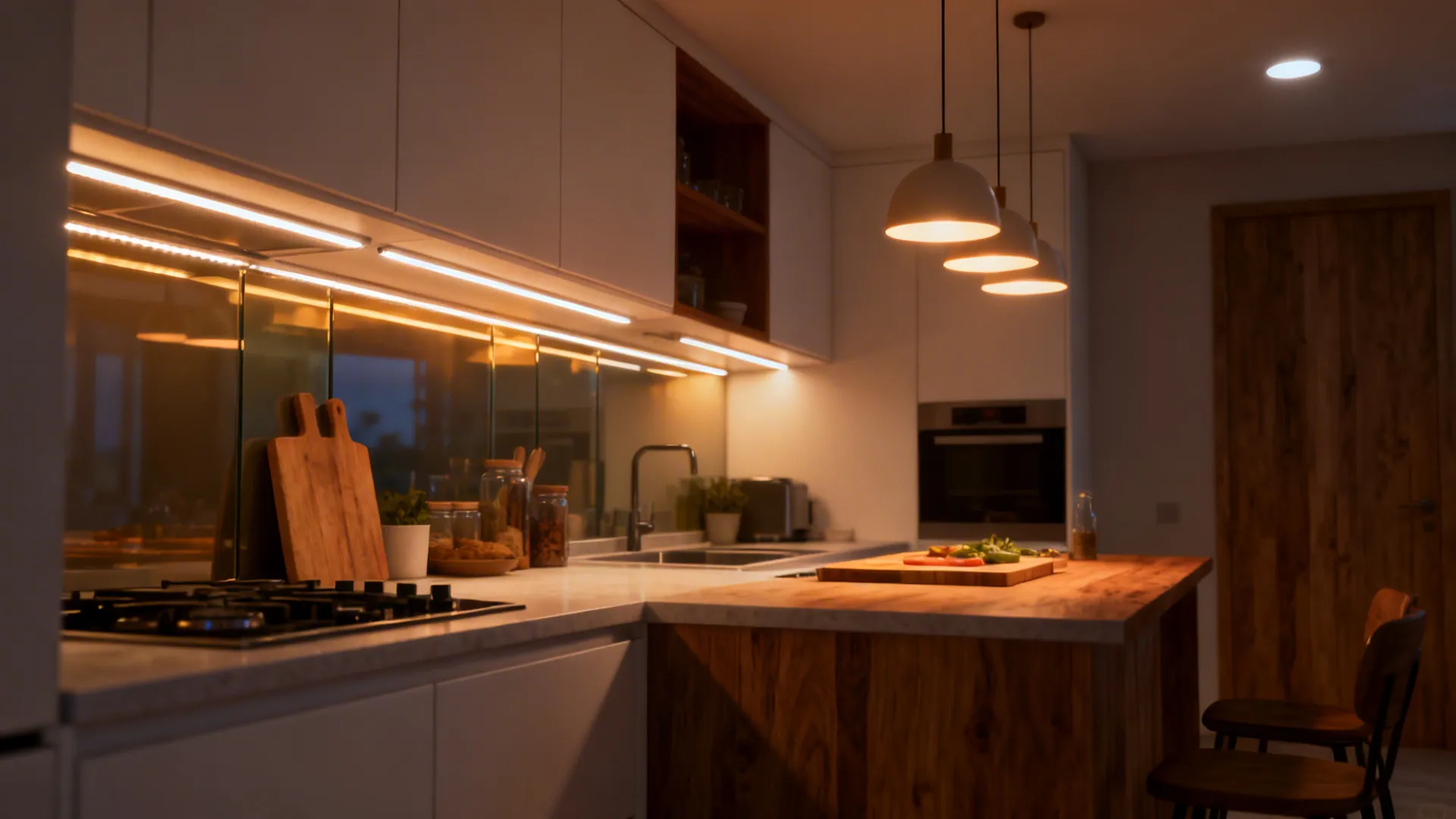 Small kitchen with warm under-cabinet LED strips and pendant lights creating layered illumination.