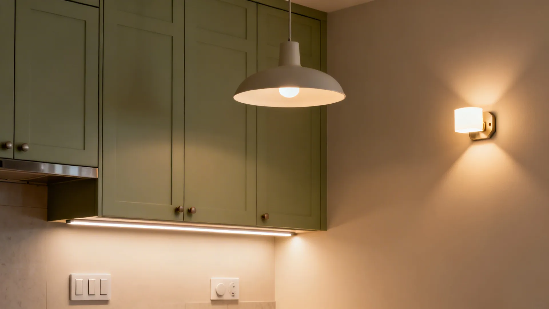 Small kitchen with under-cabinet LEDs, a soft pendant, and a focused sconce for layered illumination.