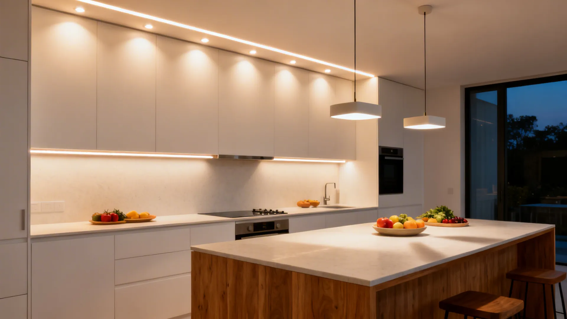 One-wall kitchen with downlights, under-cabinet task strips, and two pendants over the island.