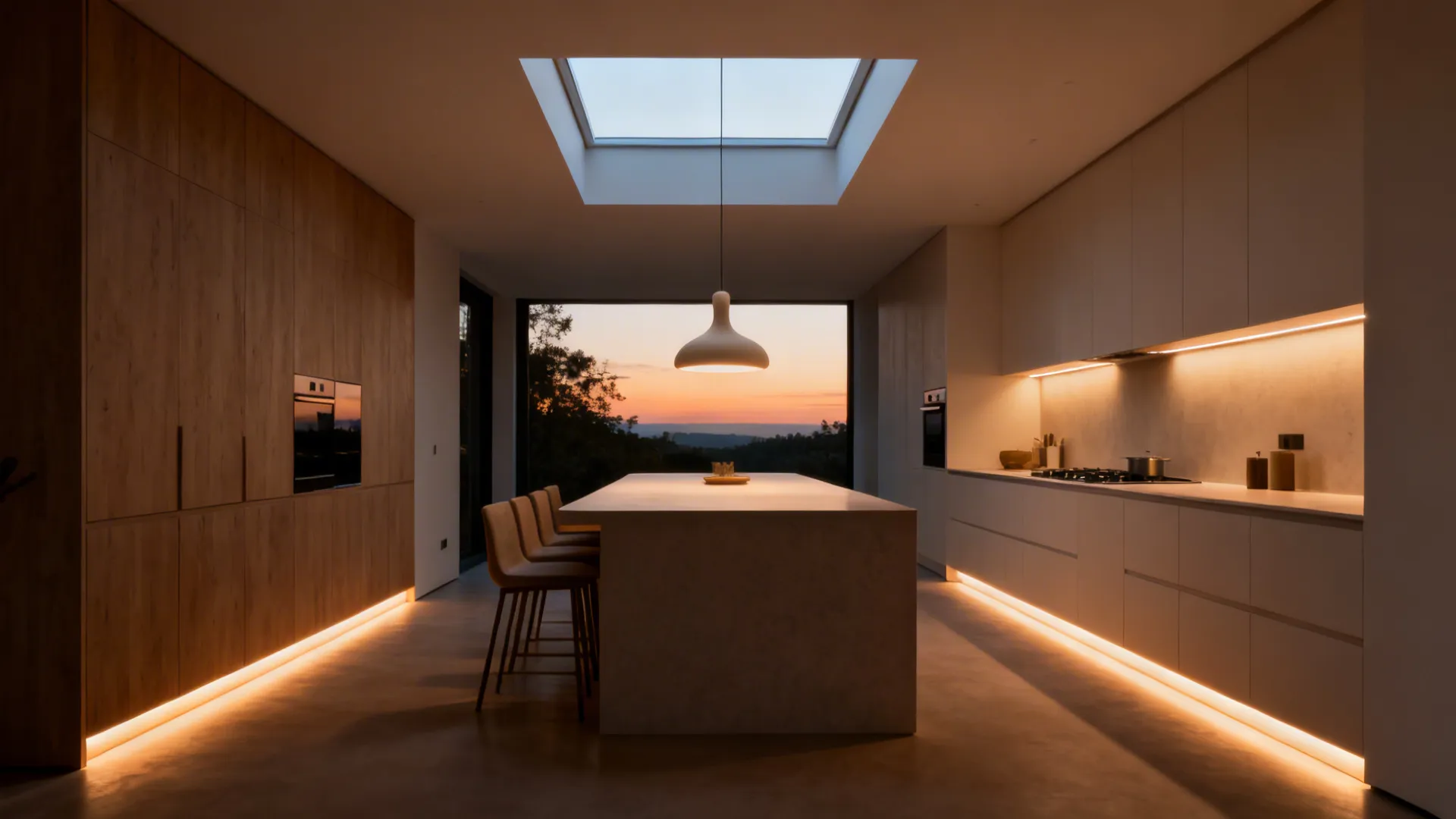 Villa kitchen showing skylight, sculptural pendant, under-cabinet task lights, and toe-kick LEDs.