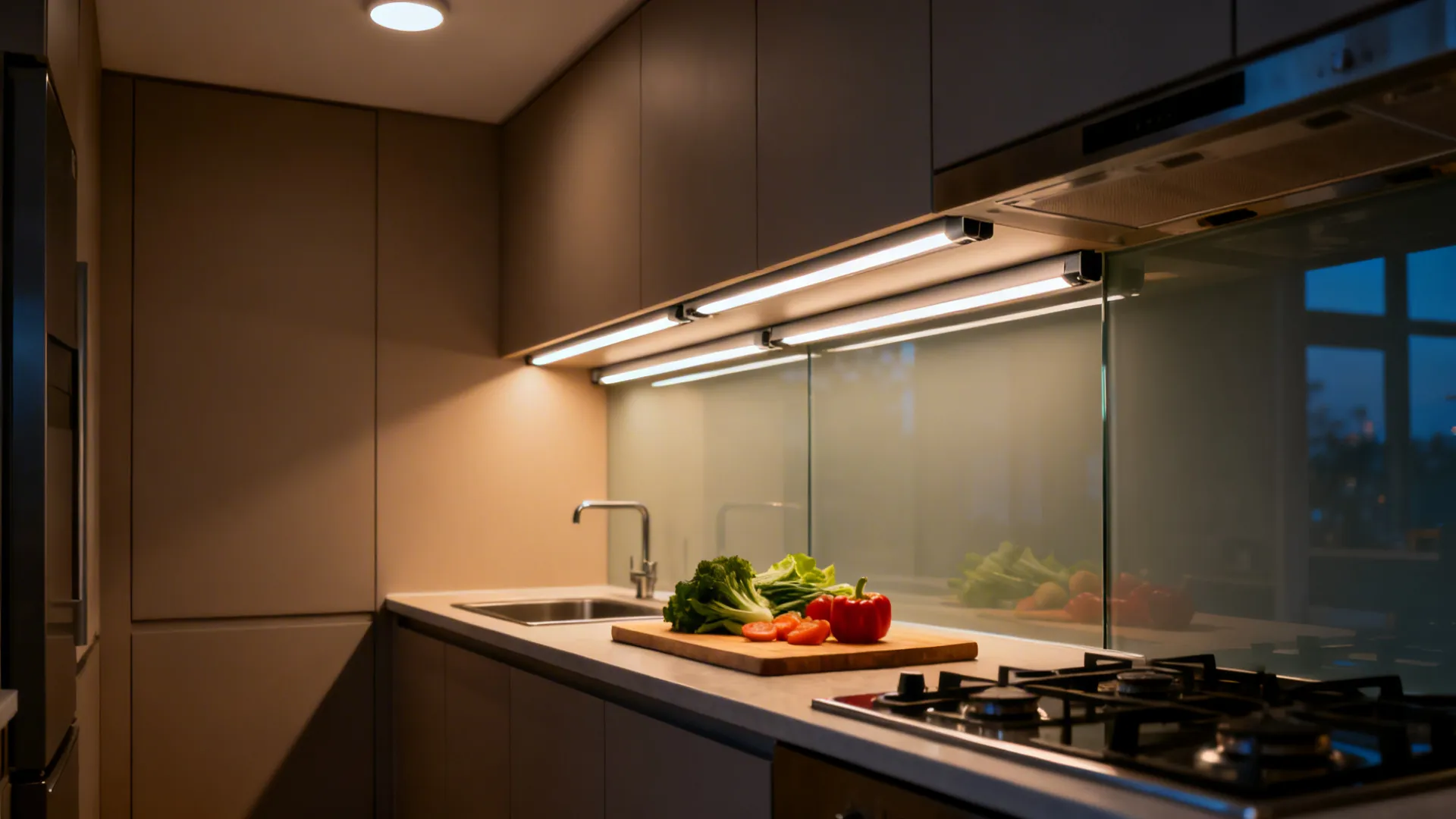 Modern kitchen with warm light strips under cabinets illuminating vegetables on a wooden cutting board