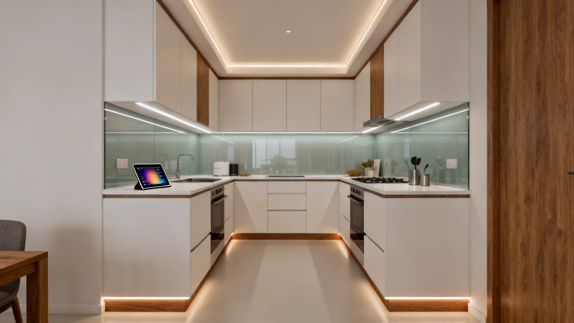 Compact kitchen with warm ambient, crisp task, and toe-kick accent lighting.