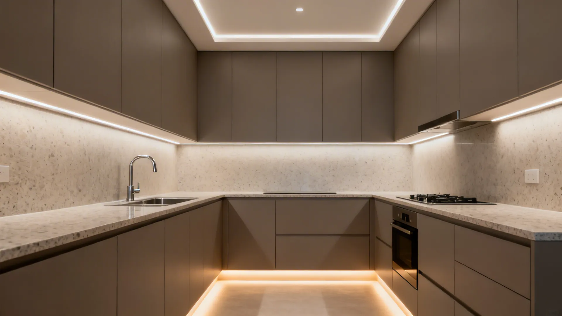 Modern kitchen with ambient ceiling light, under-cabinet LEDs, and toe-kick glow for layered illumination.