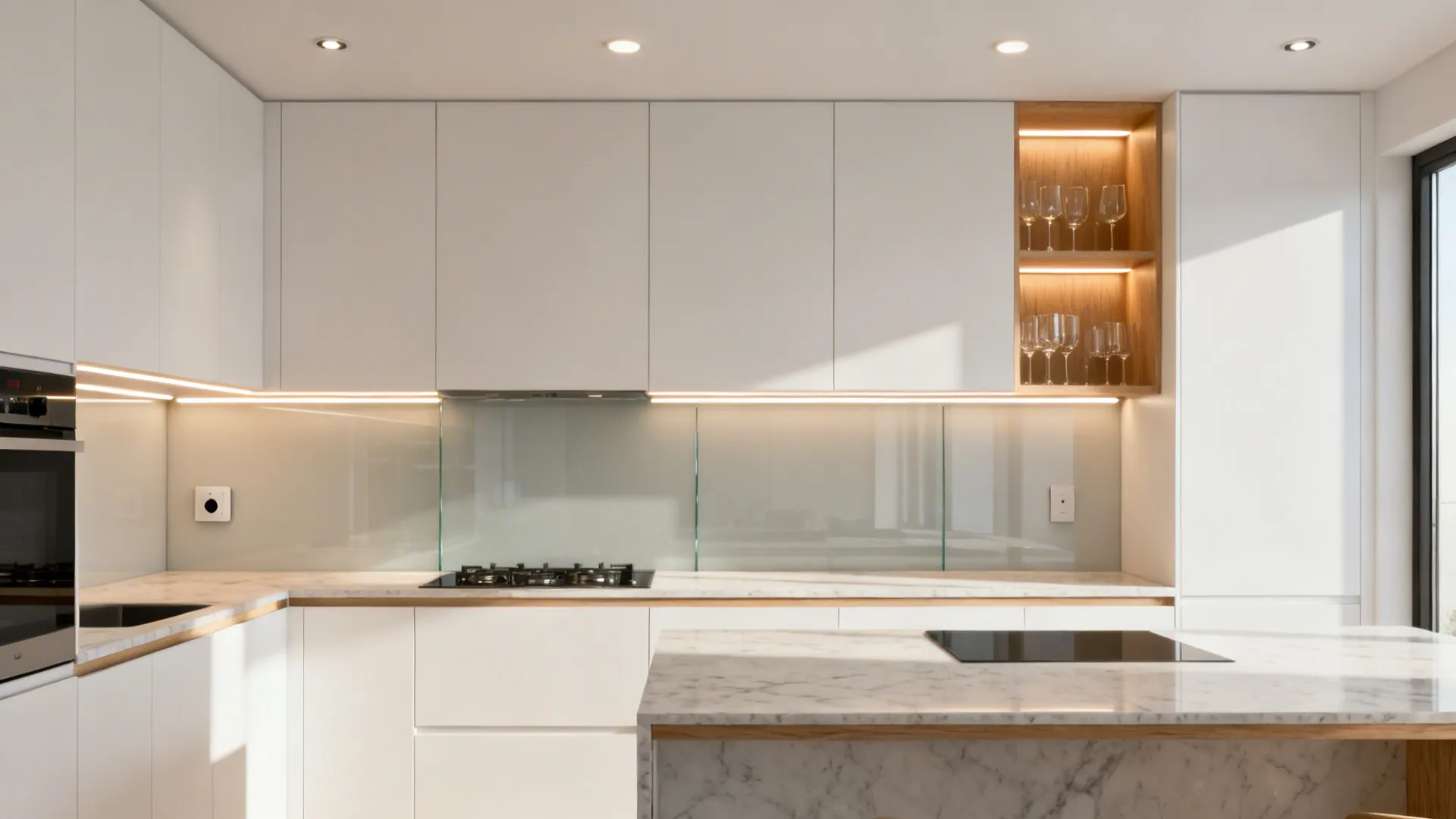 Minimalist kitchen with under-cabinet LEDs, in-cabinet pucks, and discreet recessed lighting.