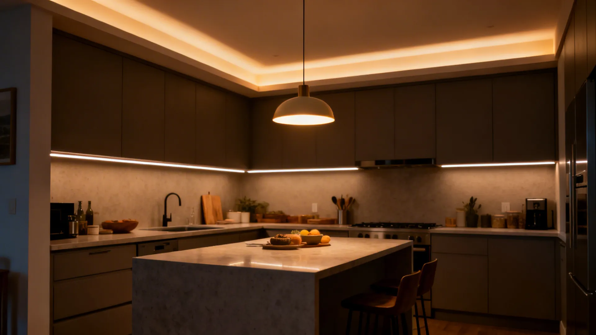 Small kitchen with under-cabinet LEDs, soft uplight above cabinets, and a warm pendant over the peninsula.