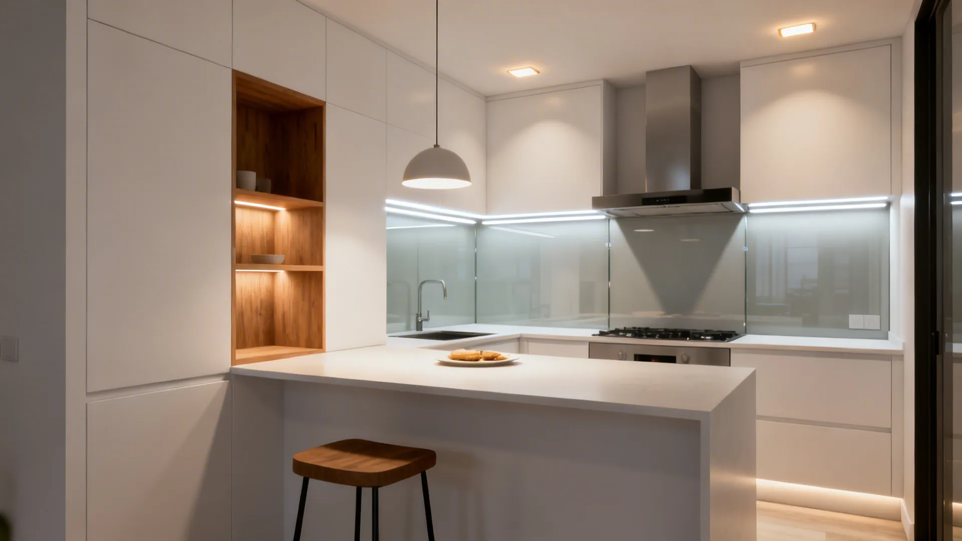 White kitchen with wood shelves ceiling light bar stool and warm lighting for a cozy feel