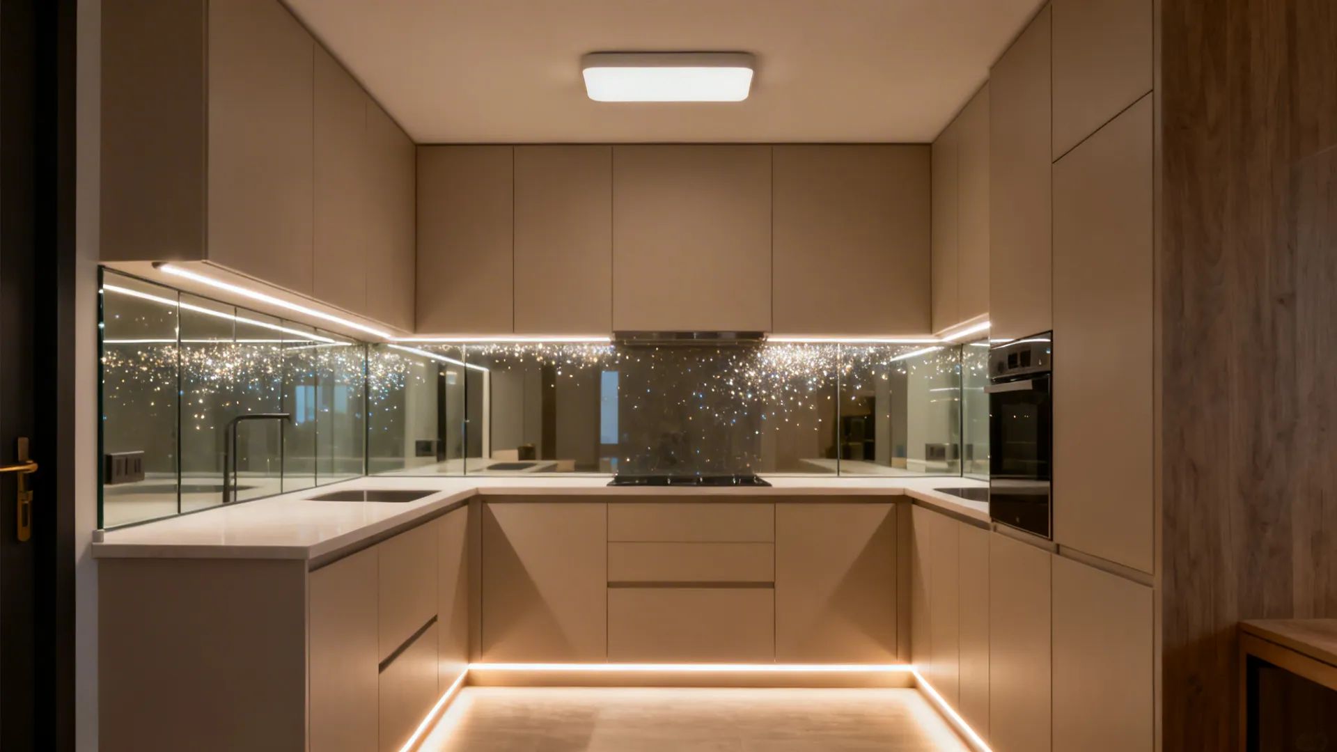 Modern kitchen with warm strip lights under cabinets plus floor lighting and white ceiling light