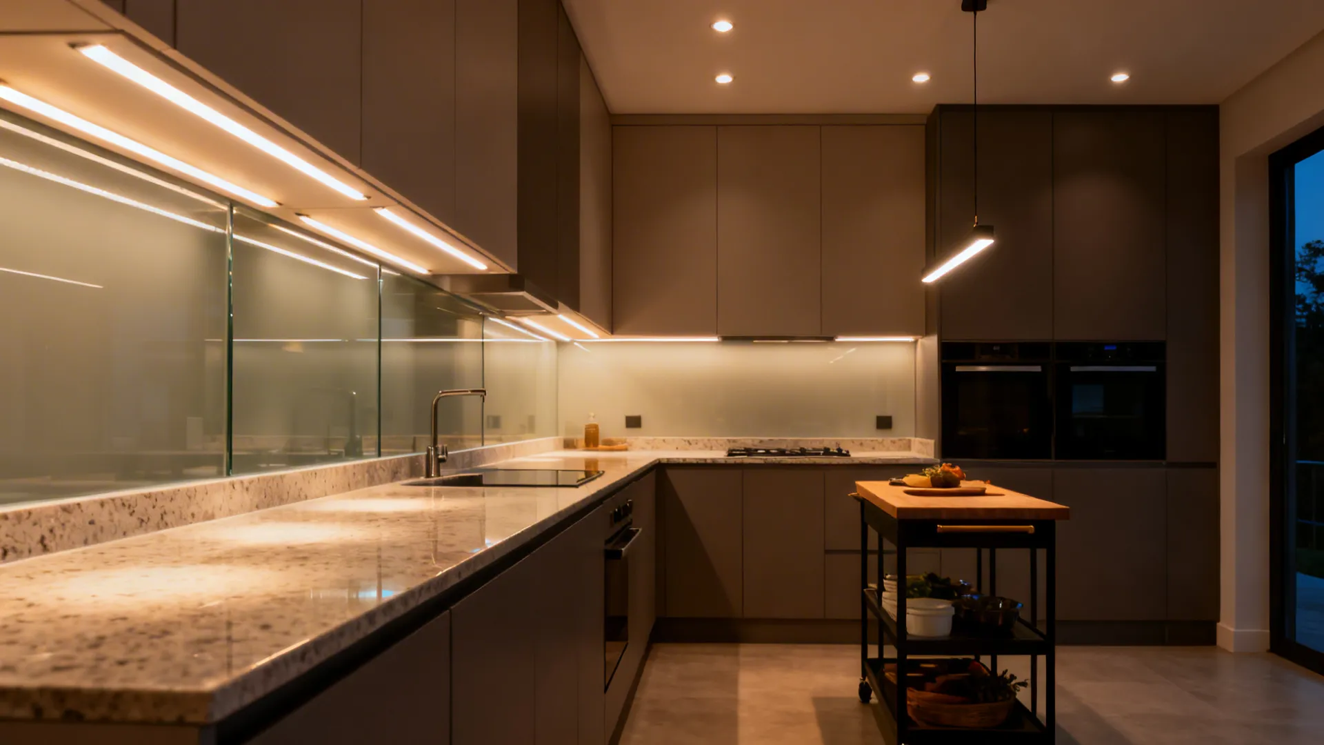 Small kitchen with under-cabinet LEDs, recessed lights, and a linear pendant.