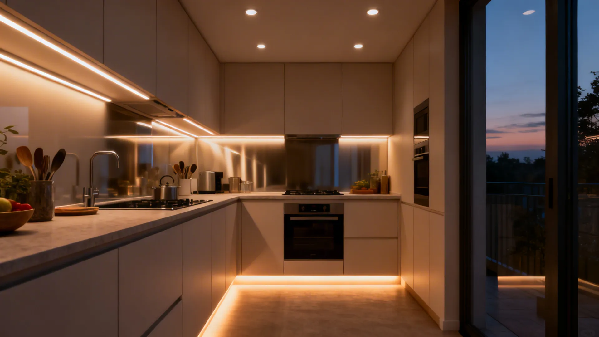 Compact kitchen at dusk with under-cabinet LEDs, recessed ambient lights, and a soft toe-kick glow.