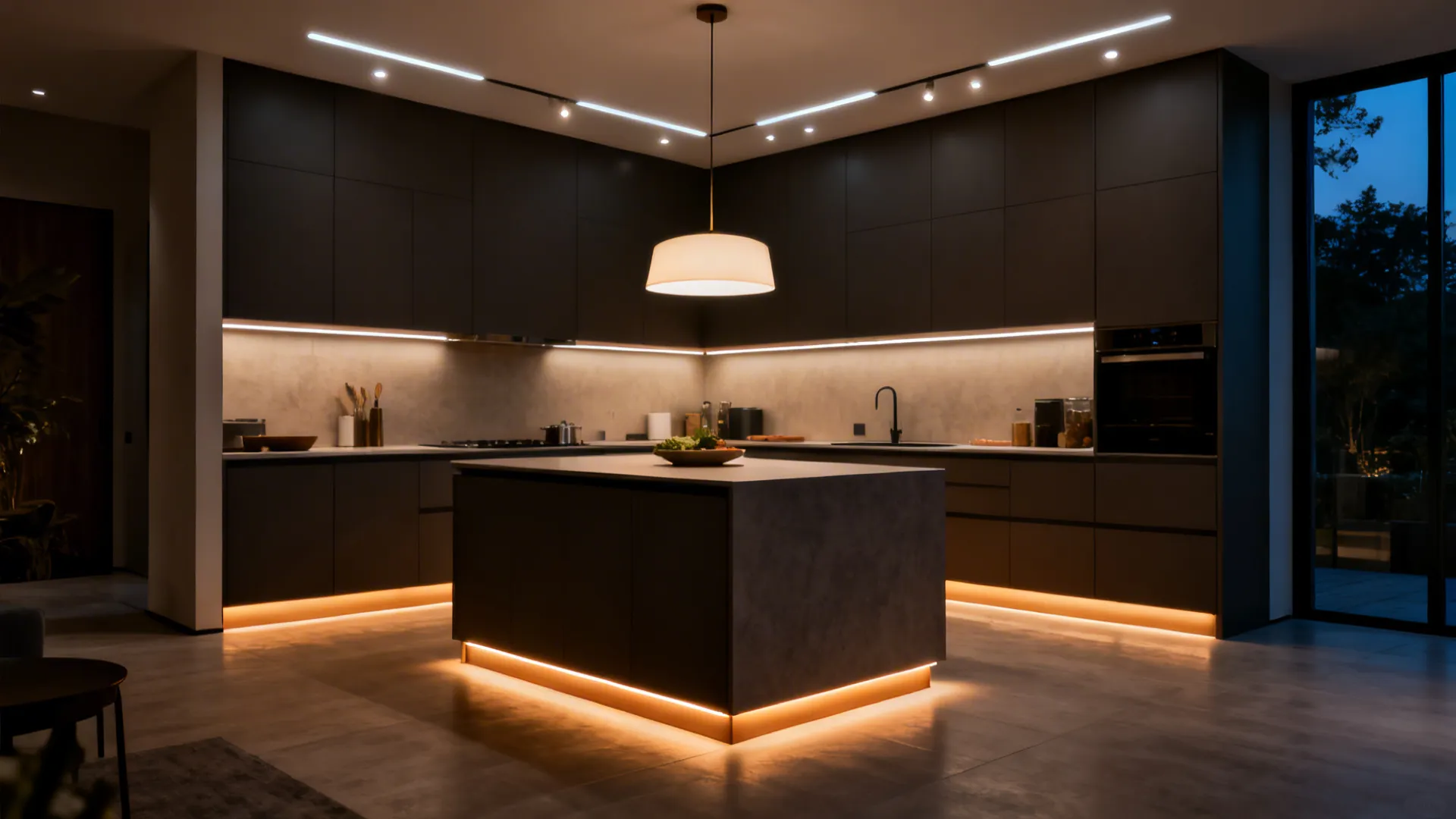 Small modular kitchen with downlights, pendant, under-cabinet LEDs, and toe-kick lighting.