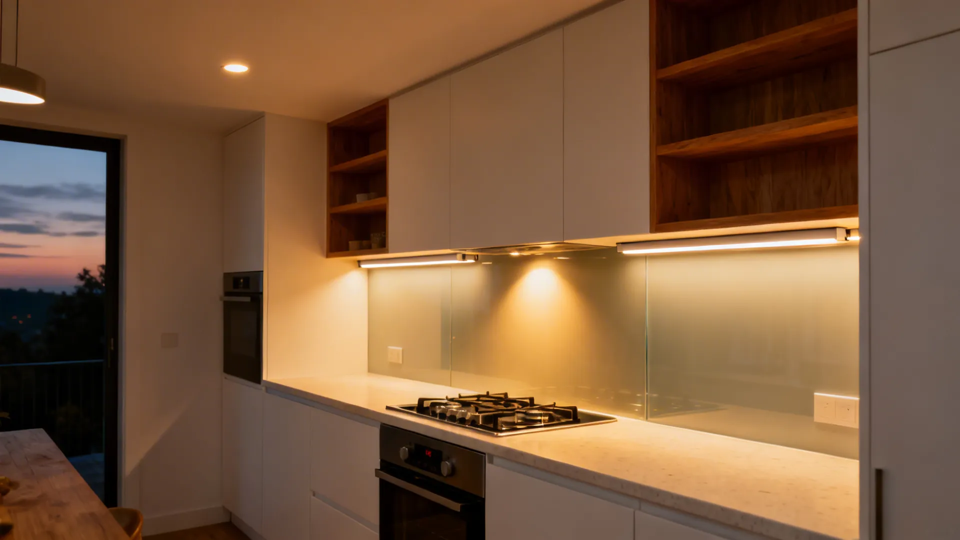 Compact kitchen at dusk with warm under-cabinet LEDs, a focused hob light, and soft ceiling glow.