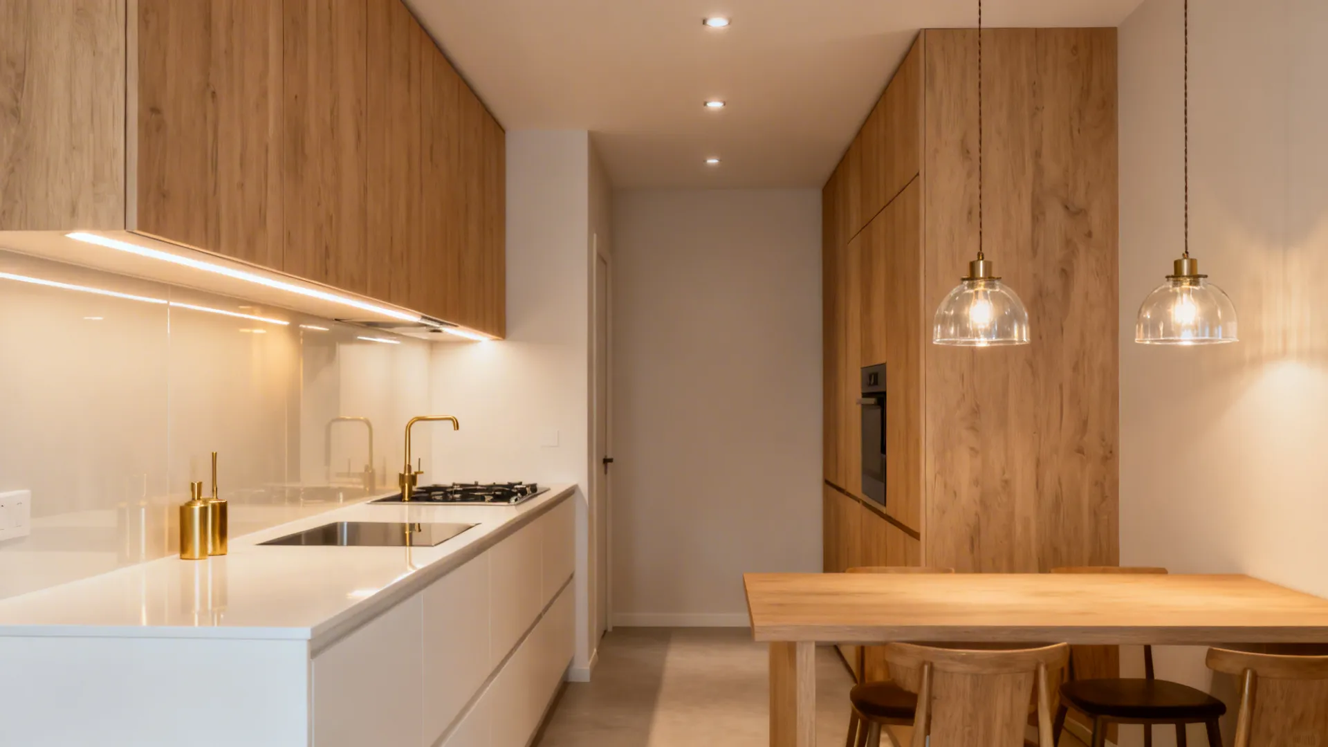 Narrow kitchen with LED strips, canless downlights, and glass pendants over a dining edge.