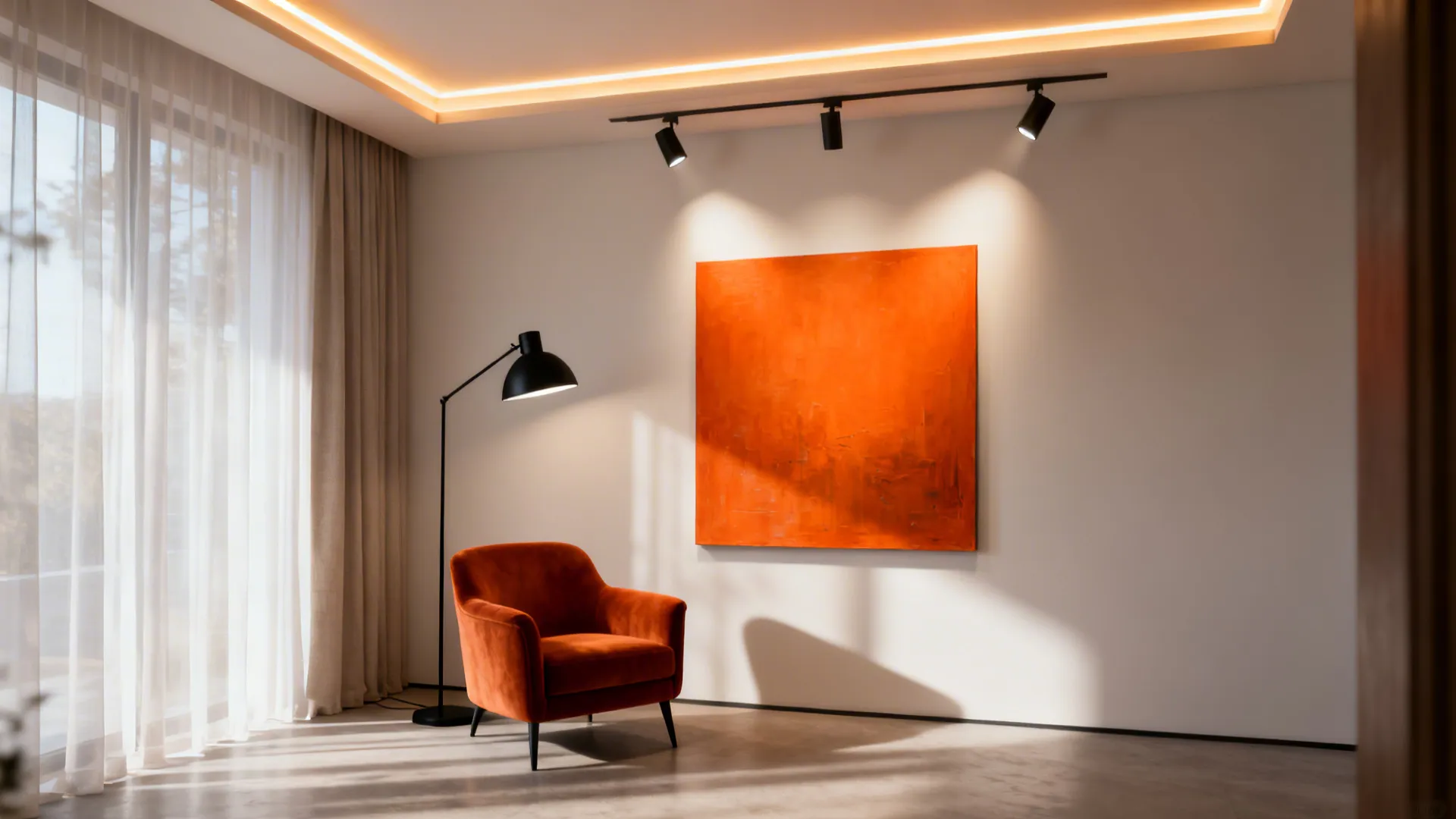 Layered warm lighting with a black floor lamp and spotlights highlighting orange artwork in a living room.