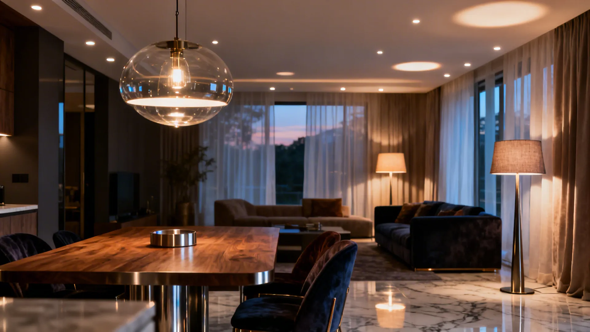 Dining pendant and living area floor lamps showing layered lighting that defines functions.
