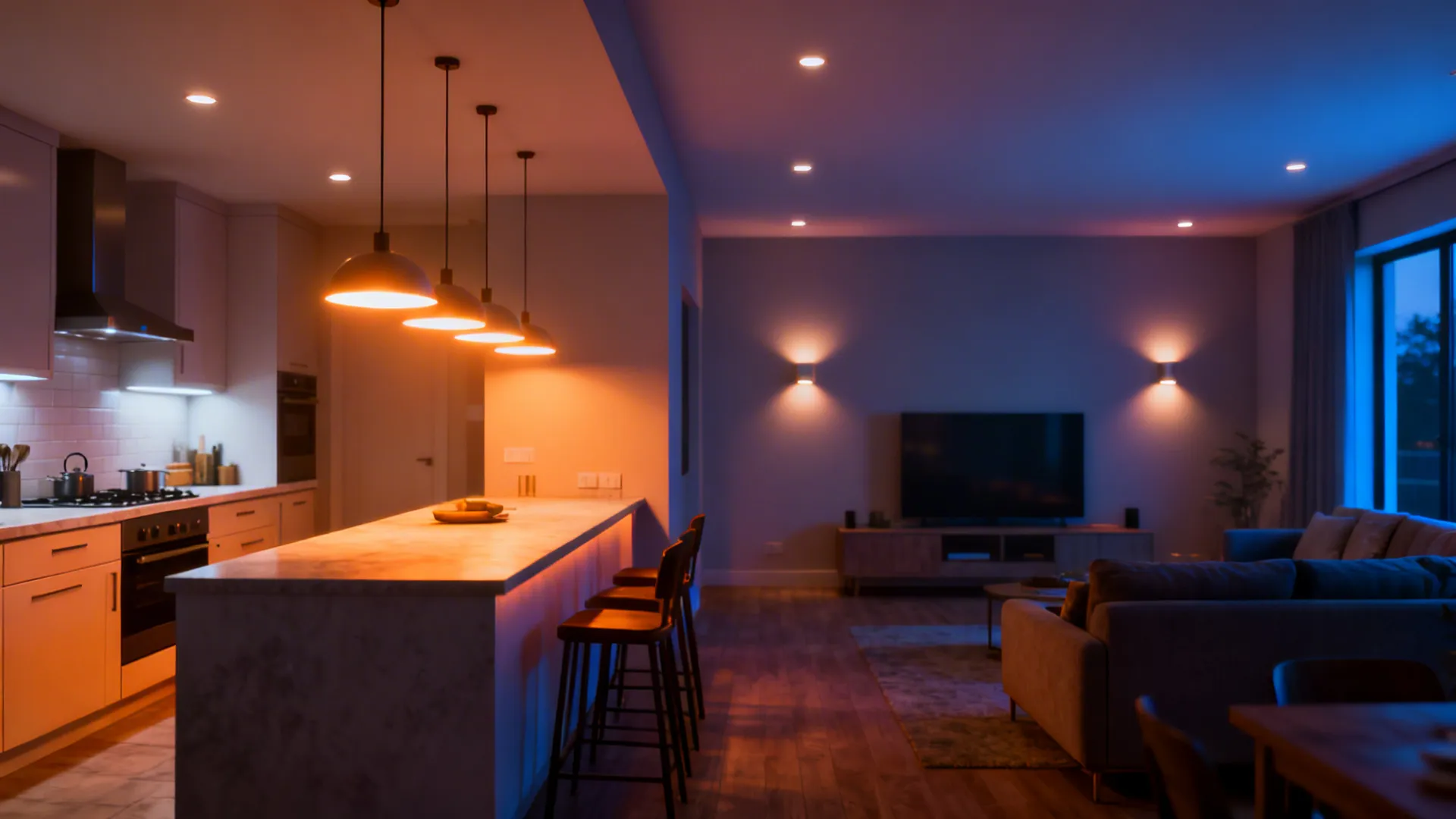 Open-plan space showing task, ambient and accent lighting layers for function and mood.