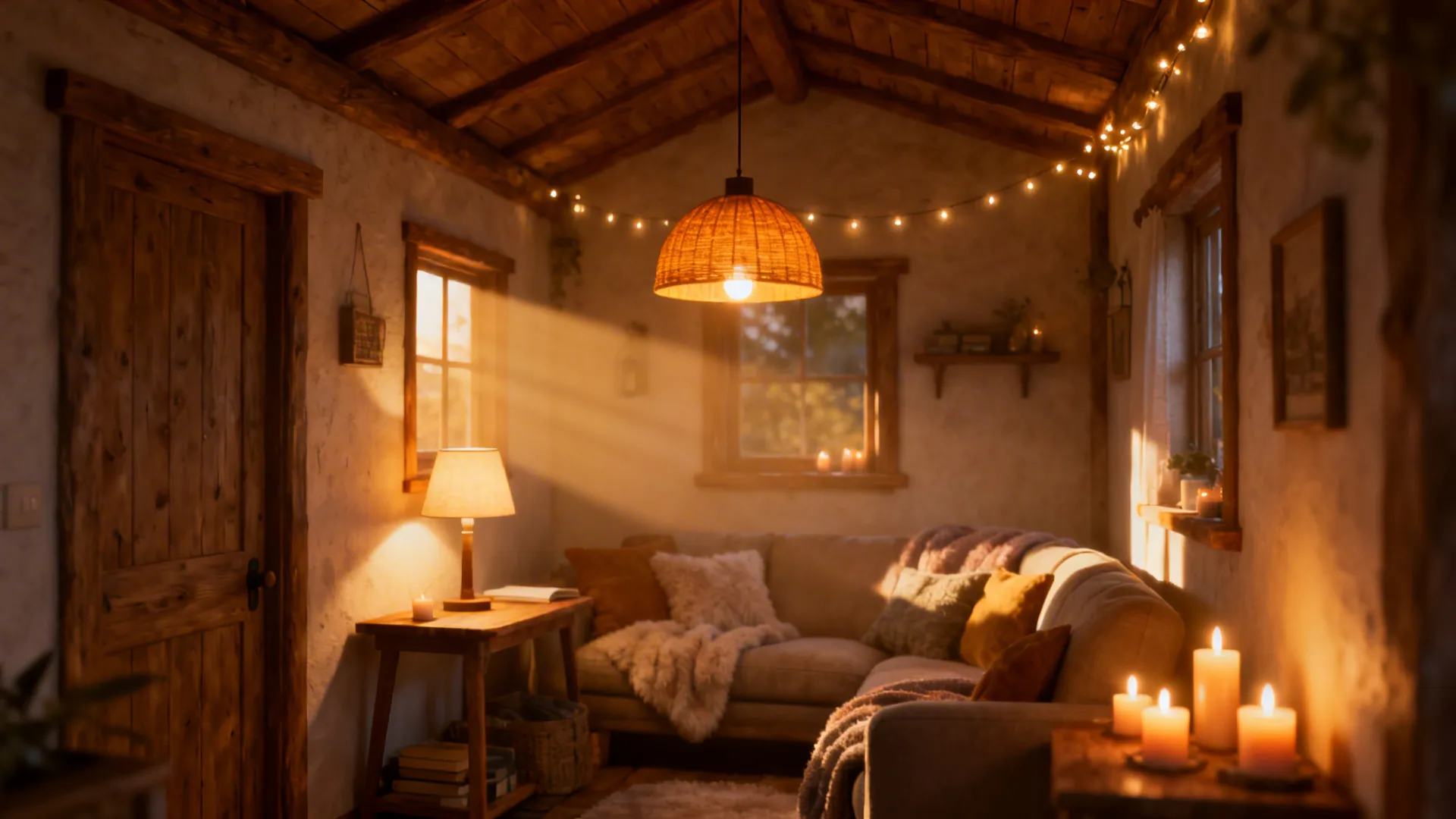 Small cottage interior illuminated by layered warm pendant, table lamp and string lights