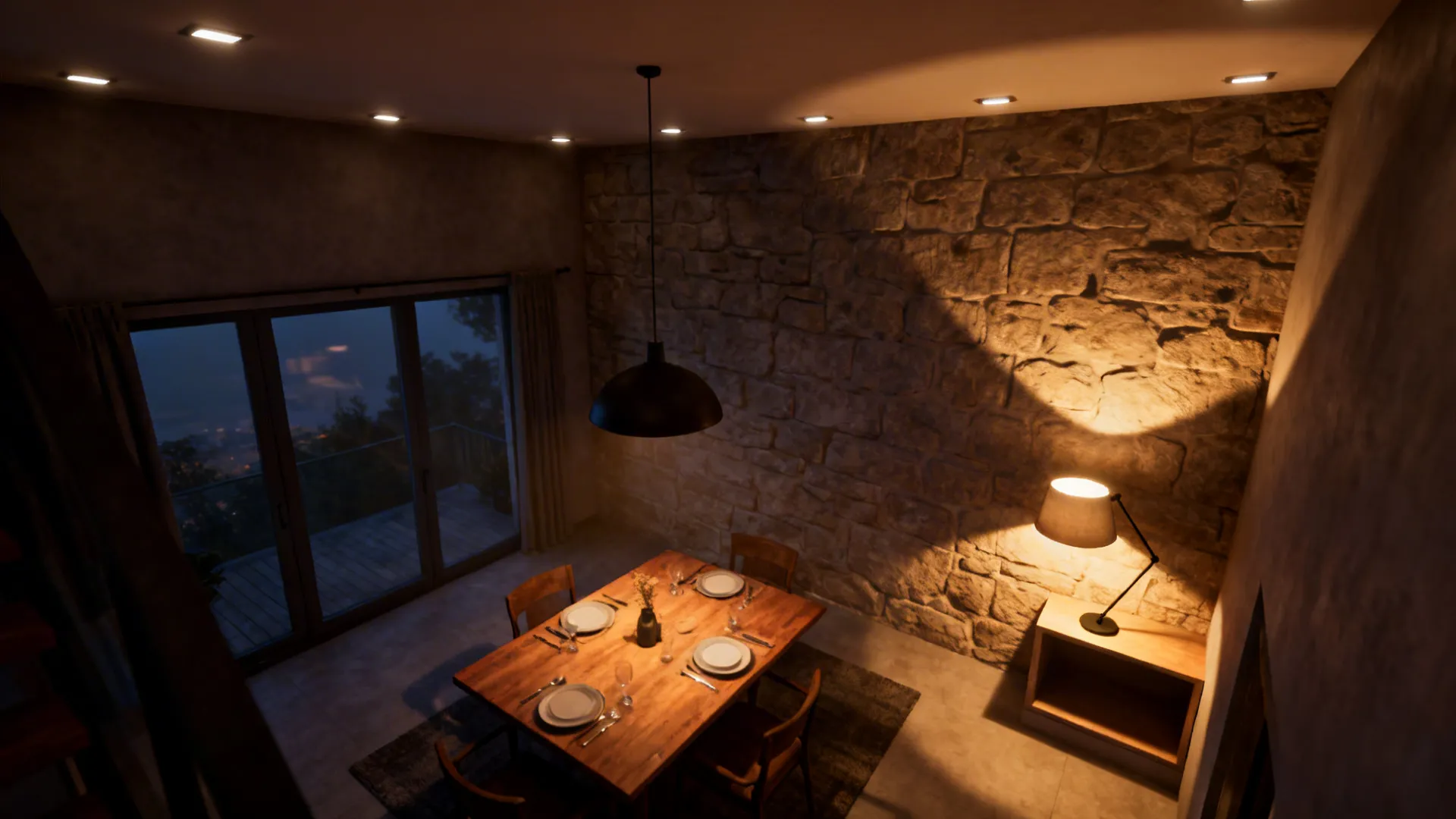 Layered lighting in a mountain interior with pendant, recessed and task lights creating a cozy evening atmosphere.