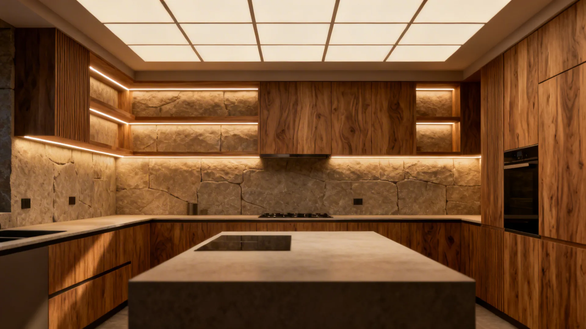 Small luxury kitchen with under-cabinet, niche, and ceiling grid lighting creating a warm glow.