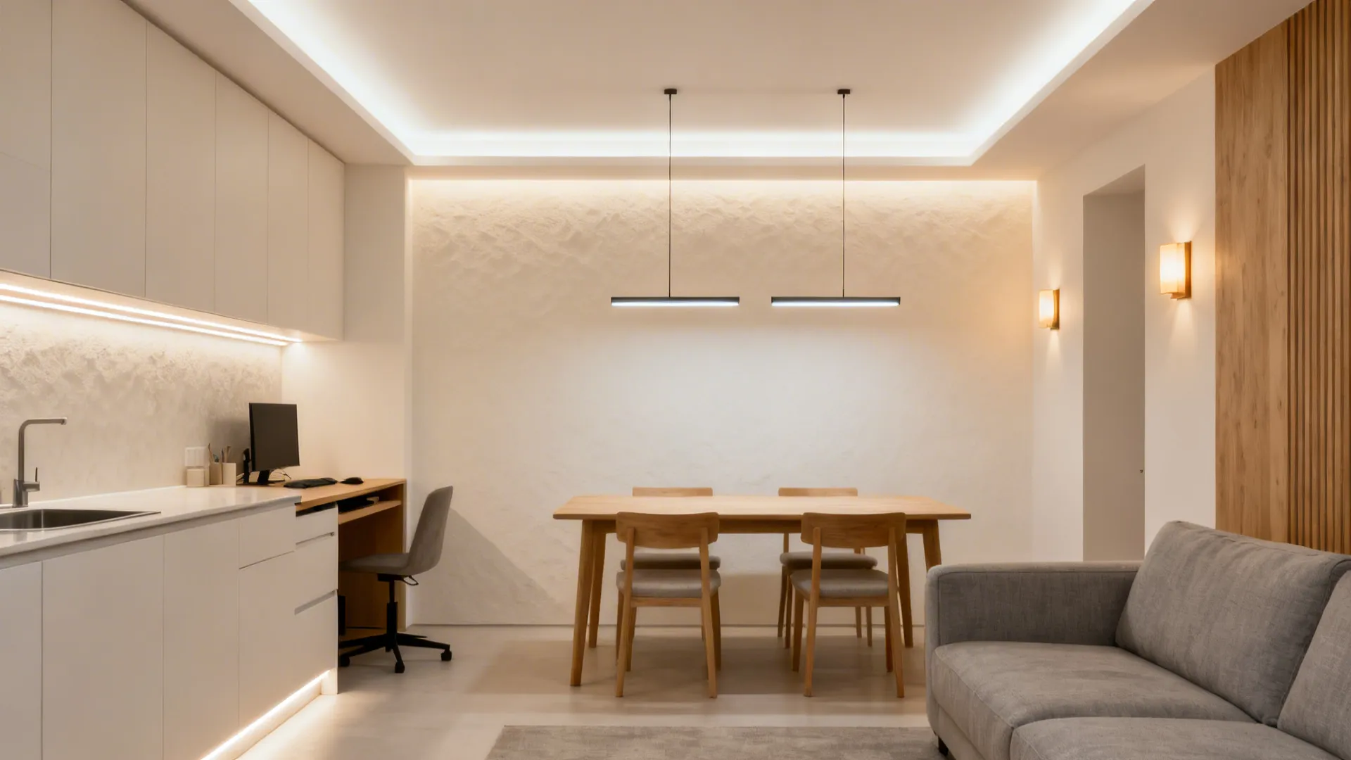 Living-dining area with ambient cove light, task pendants, and accent wall-wash in warm white.