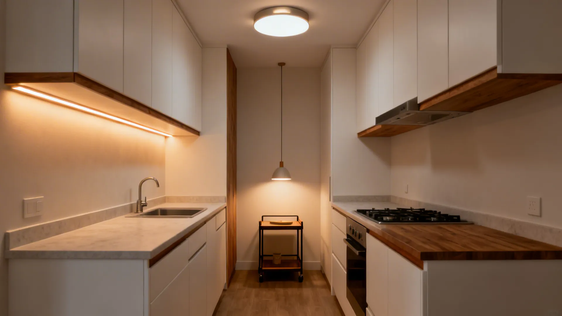 Small kitchen with a ceiling light, LED under-cabinet strips, and a single pendant creating warm layers.