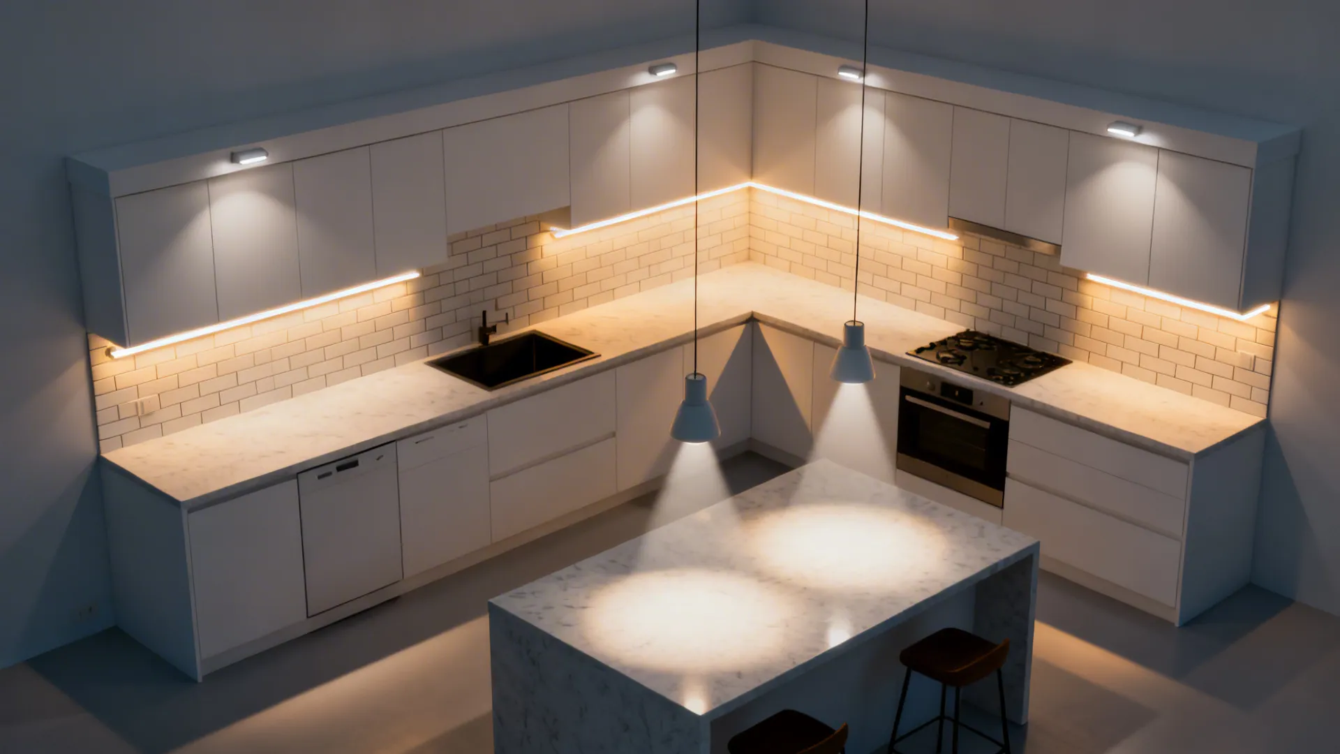 Top-down view showing ambient, task, and accent lighting layered in a small kitchen.