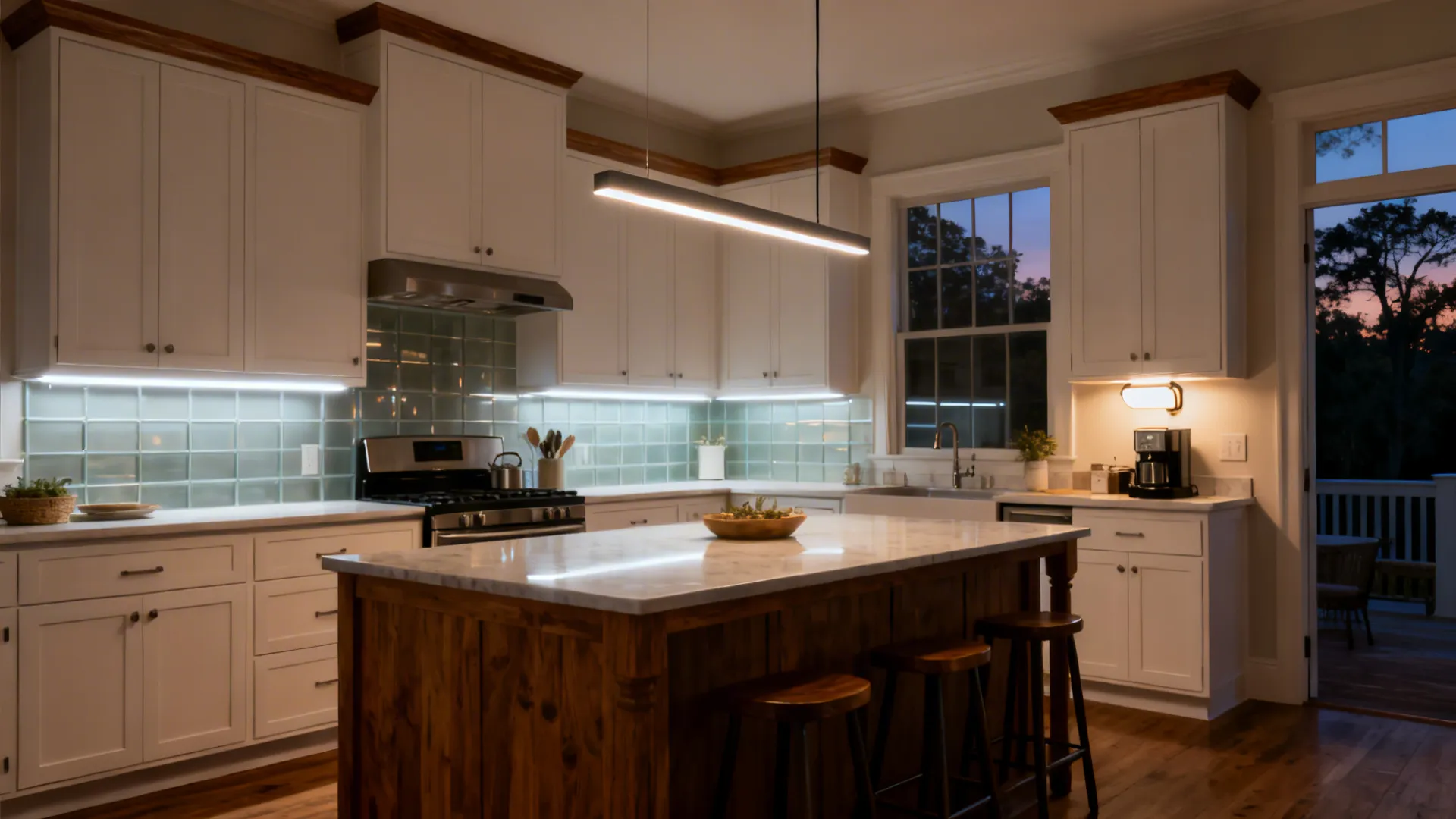 Small kitchen at dusk with under-cabinet LEDs, a linear pendant, and a task sconce creating warm layers.