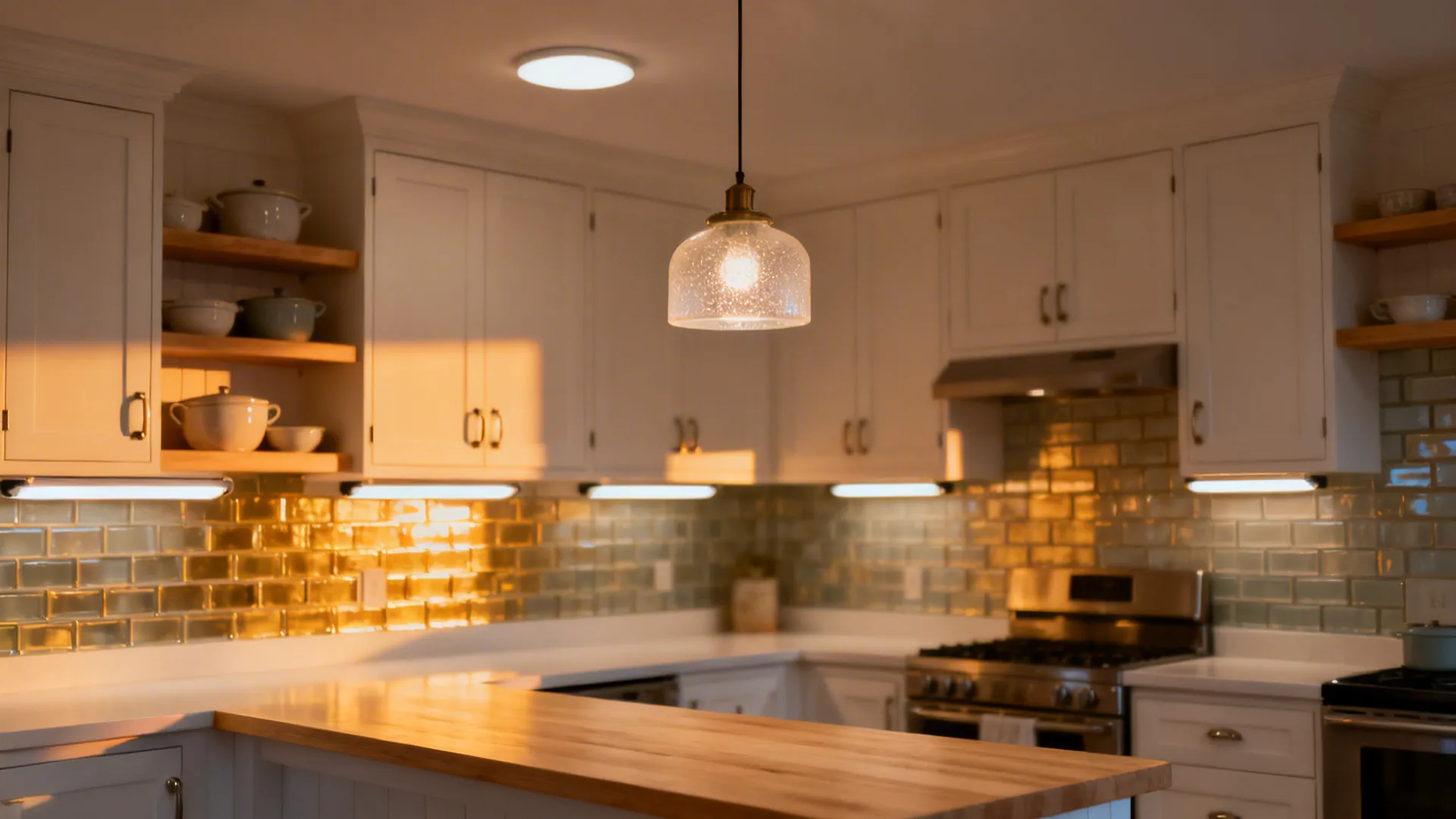 Small kitchen at dusk with under-cabinet task lights, a flush mount, and a compact pendant creating depth.