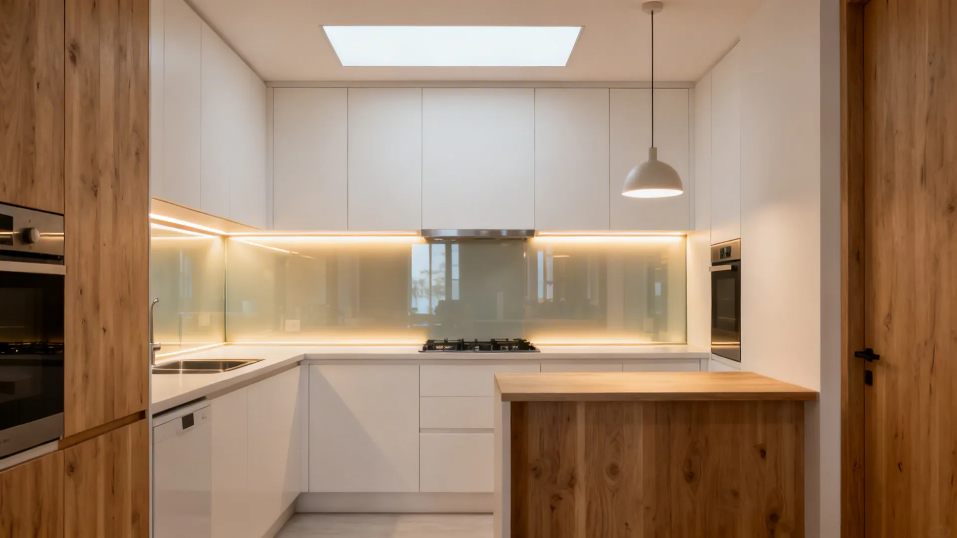 White kitchen with wood panels warm led lights and one white hanging ceiling light fixture