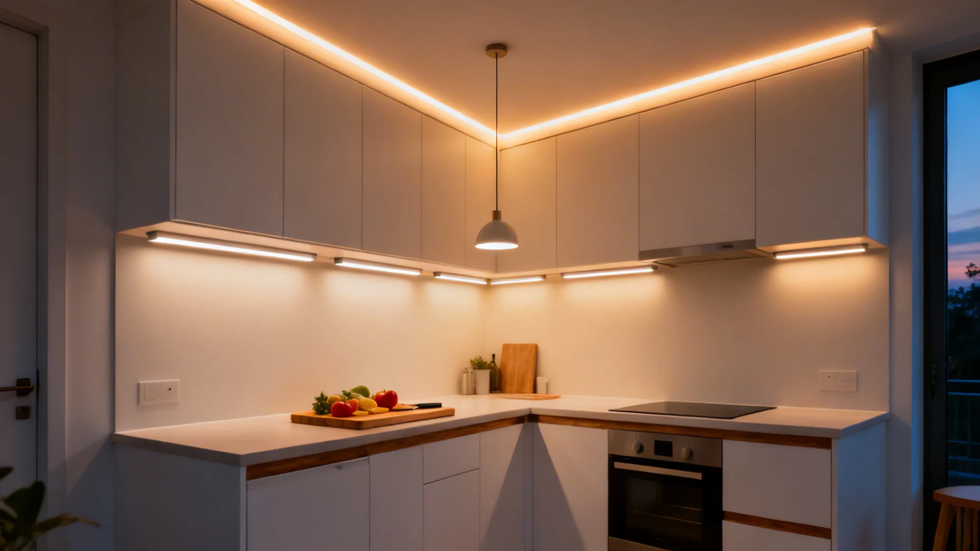 Compact kitchen at dusk with under-cabinet strips, a small pendant, and a warm cove glow.