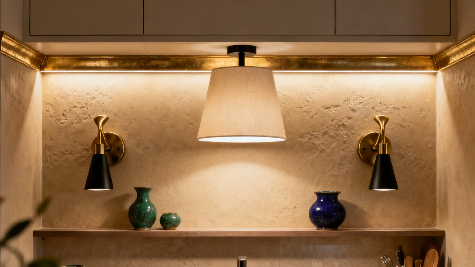 Beige ceiling light with black wall lights illuminating a shelf with green and blue vases
