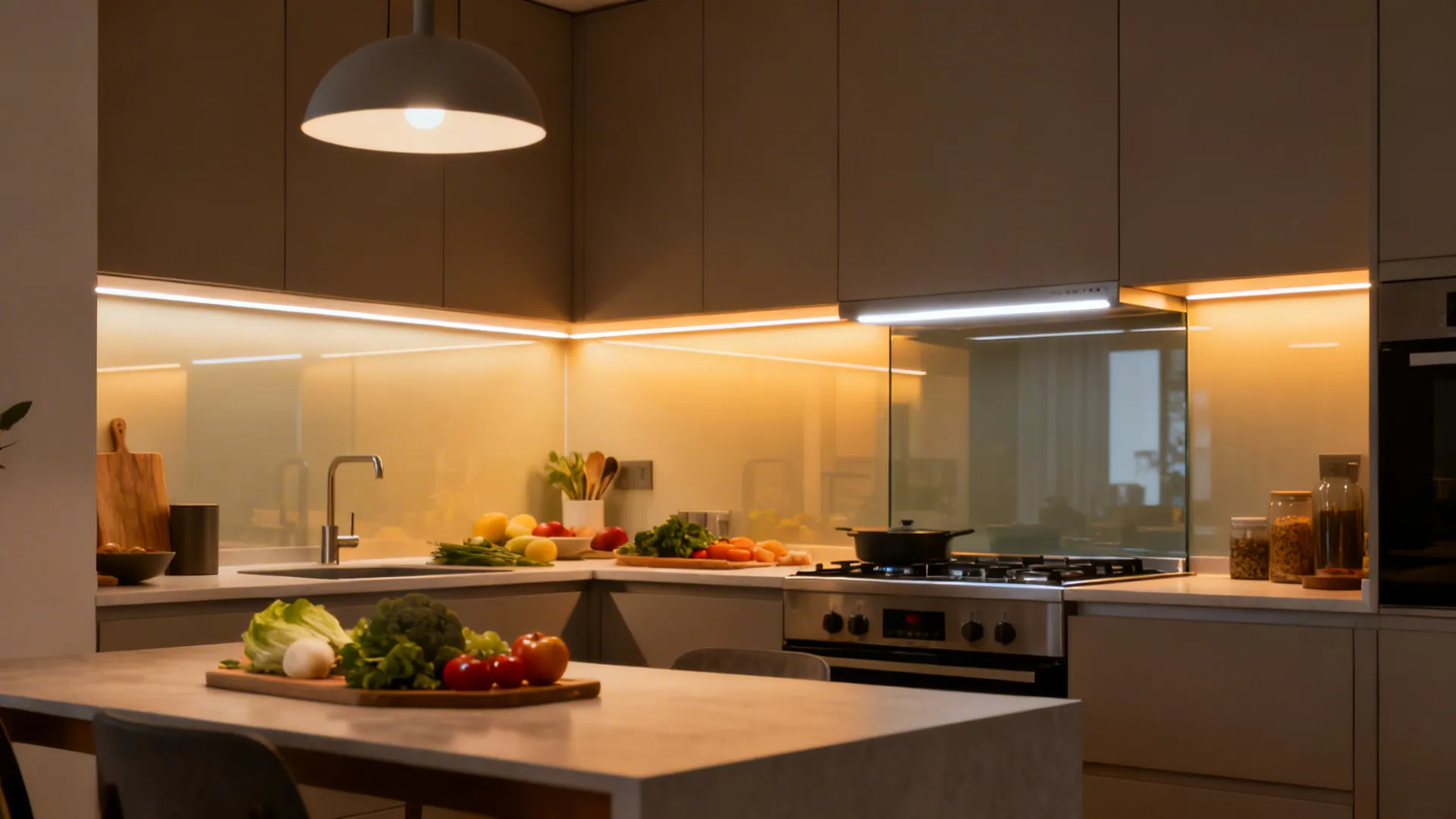 Small kitchen with under-cabinet LED strips, a pendant, and a low-glare linear over the cooktop.