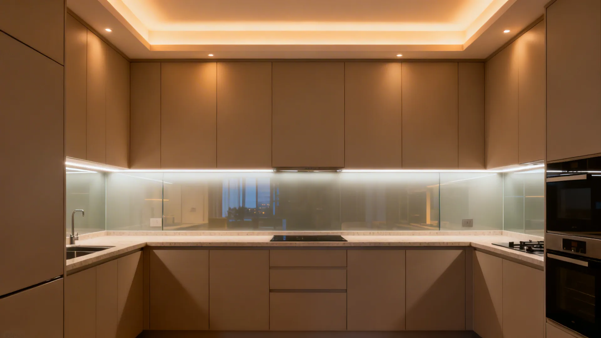 Small kitchen with under-cabinet LEDs and soft cove uplight creating balanced, warm layers.
