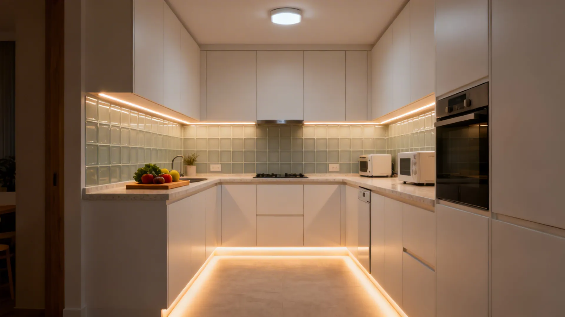 6x6 kitchen with under-cabinet LEDs, a small ceiling fixture, and a toe-kick night light.