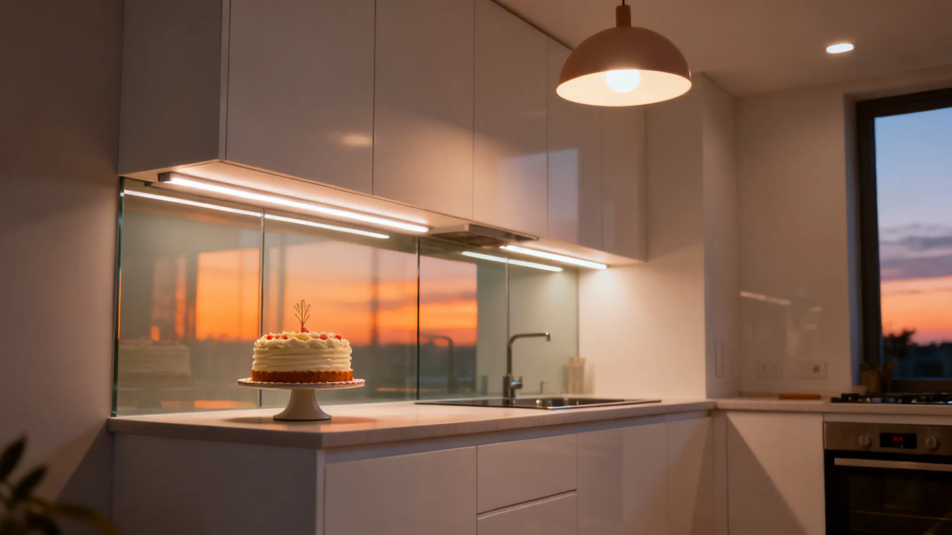 Small kitchen with under-cabinet LED strips and a warm pendant creating layered light.