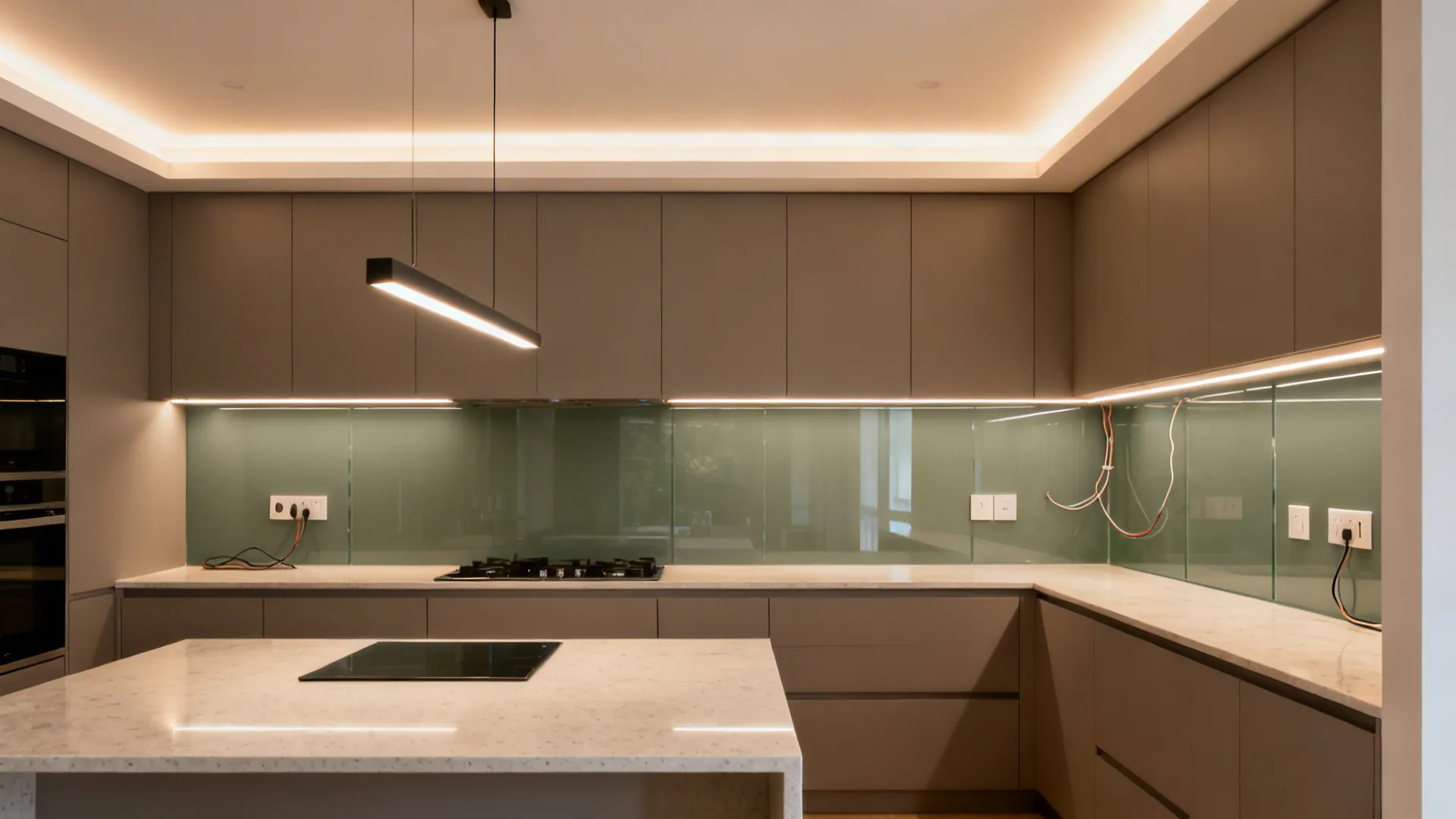 Small kitchen with under-cabinet LEDs, soft ceiling wash, and a slim pendant.