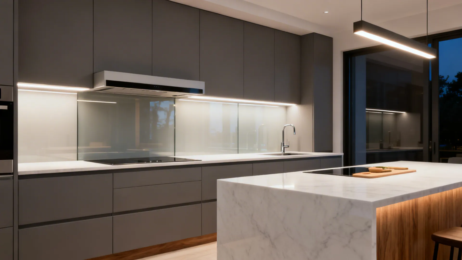 Modern kitchen with under-cabinet task lights, a slim sink light, and a pendant over the prep area.