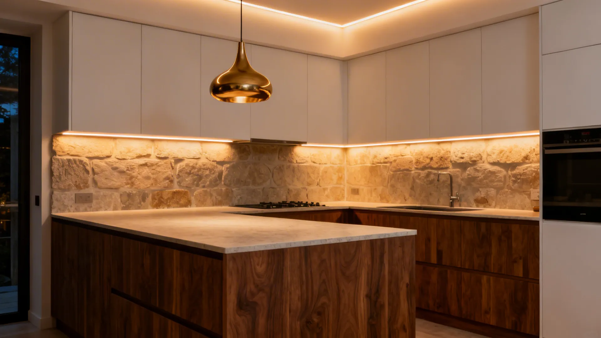 Modern kitchen with wooden island white cabinets stone wall warm gold ceiling light and strip lights