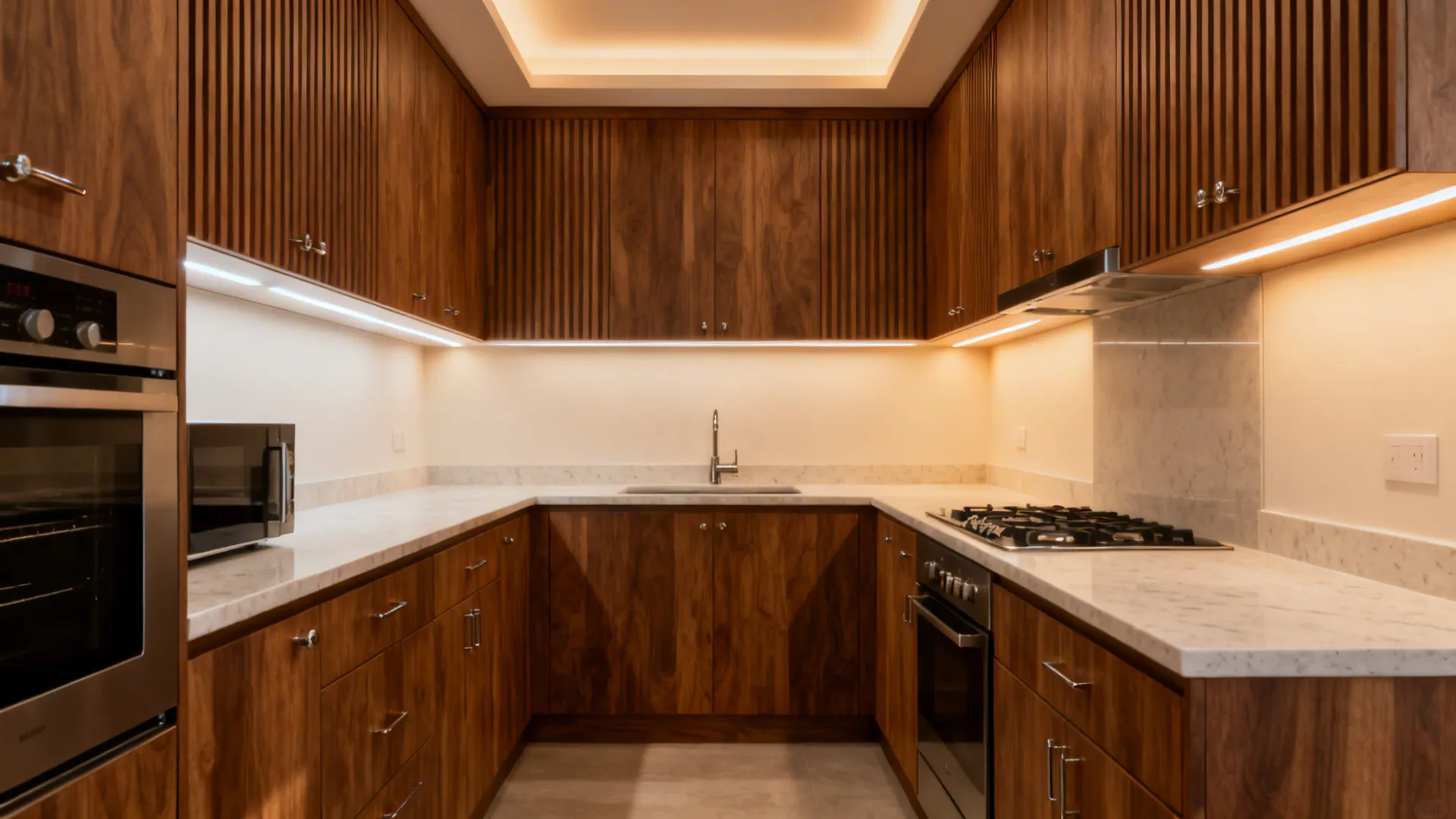 Compact U-shaped kitchen with under-cabinet LEDs, soft uplighting, and warm ambient lighting.