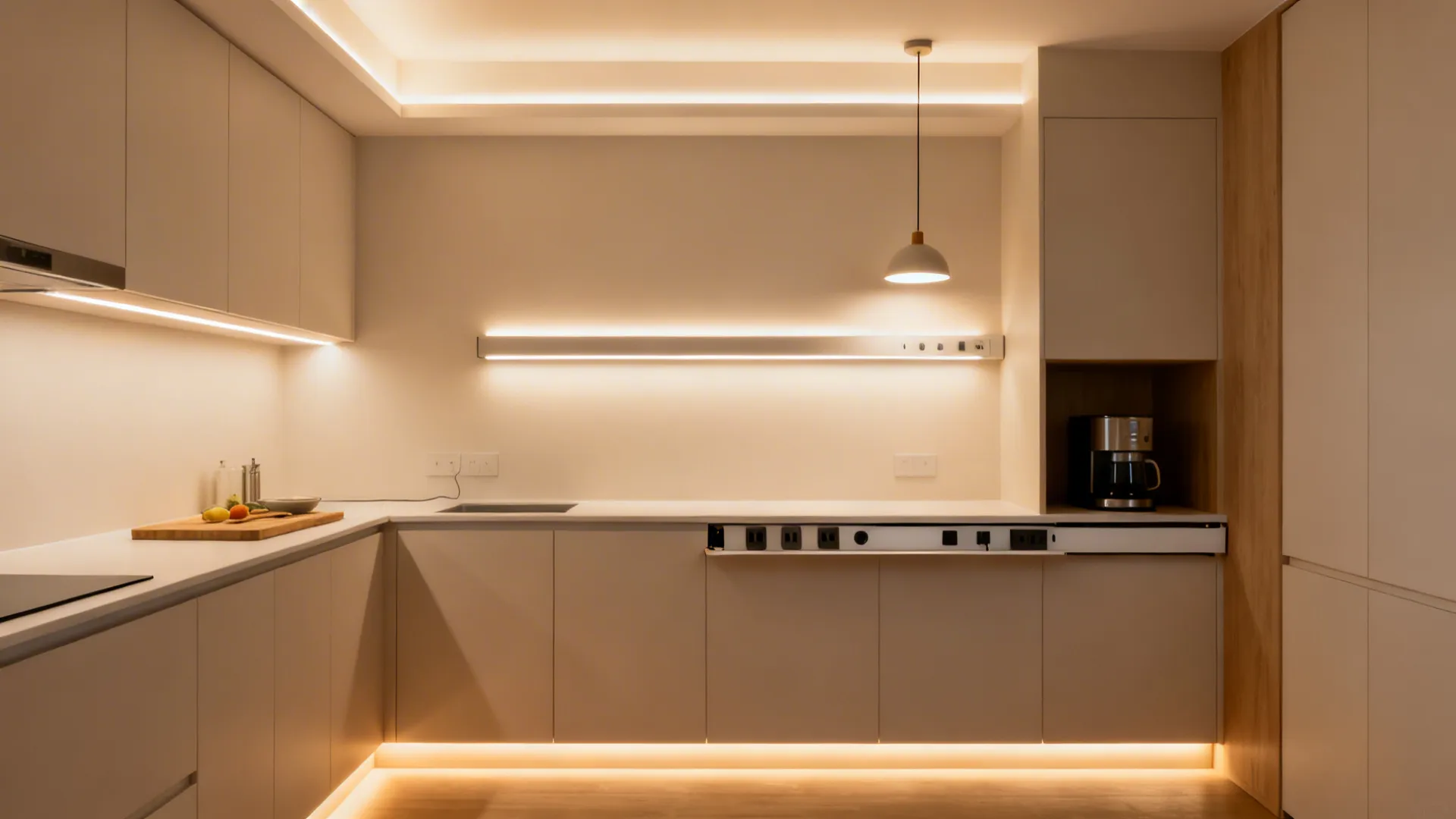 Small kitchen with ambient ceiling light, under-cabinet LED strips, pendant, and toe-kick lighting at 3000K.