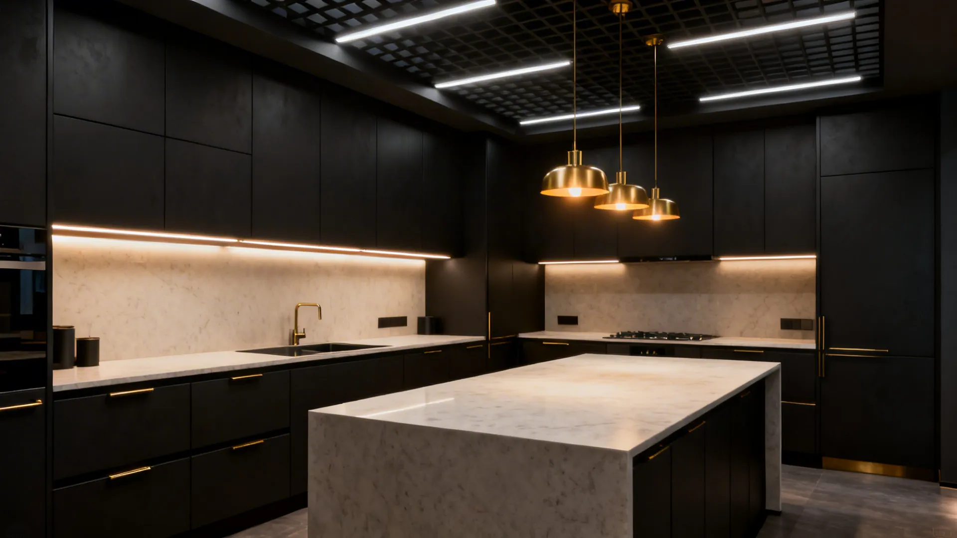 Dark kitchen with under-cabinet strips, warm pendants, and a dimmable ceiling grid over light counters.