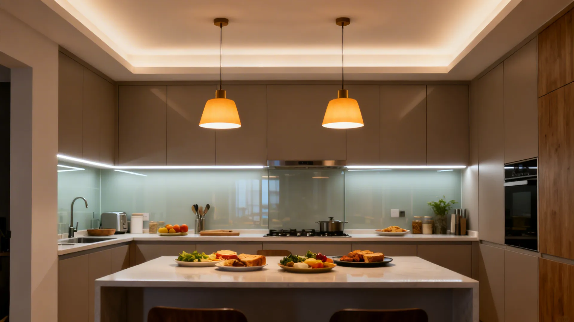 Modern kitchen with island breakfast bar two hanging ceiling lights and warm hidden cabinet lighting