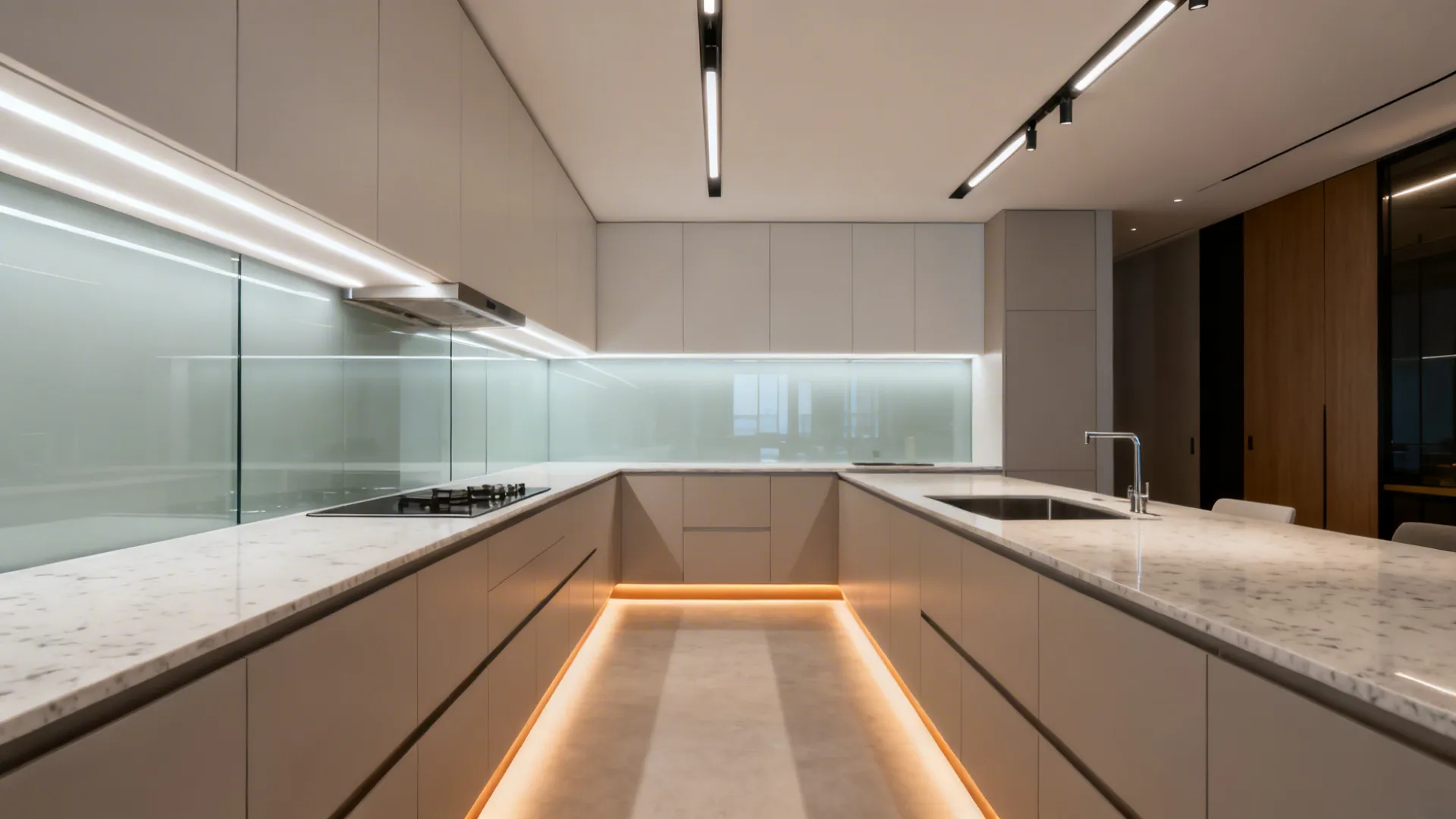 Narrow galley kitchen with under-cabinet LEDs, ceiling track lights, and warm toe-kick glow.