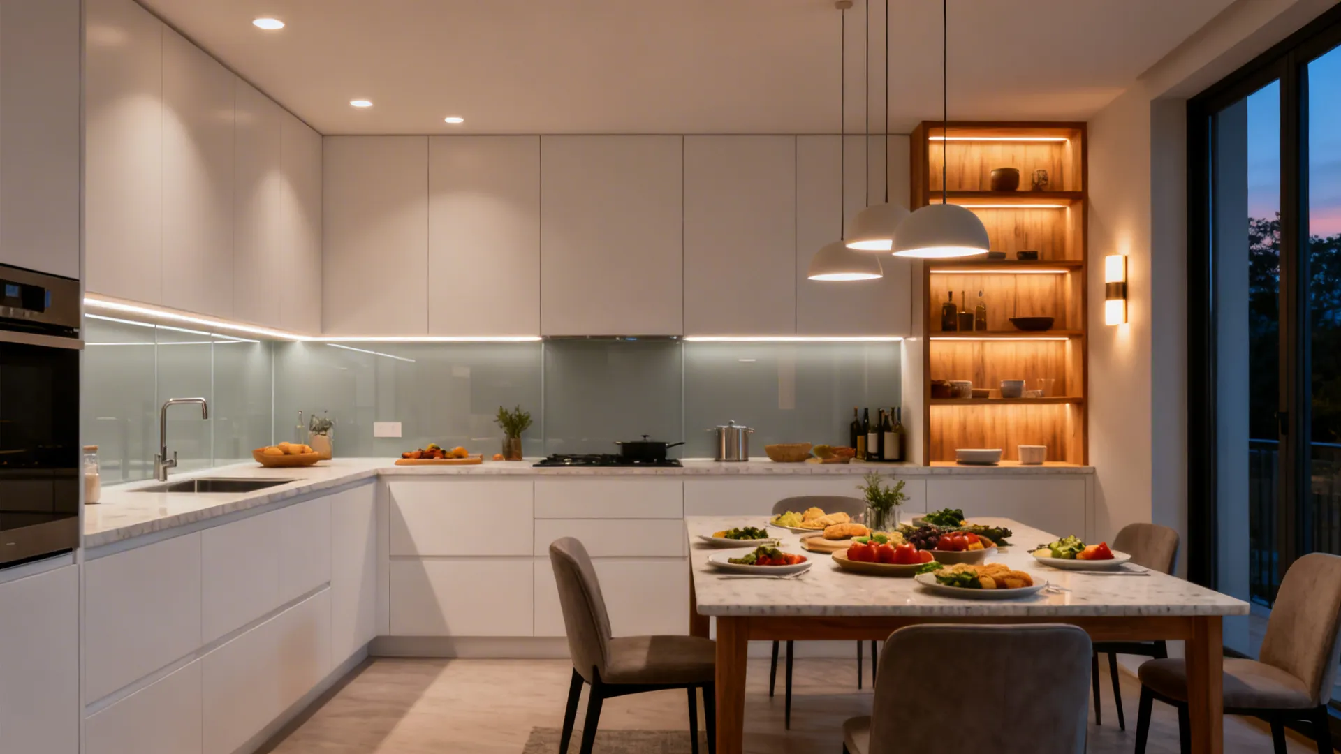 Dusk scene of a compact kitchen with warm under-cabinet LEDs, recessed ambient lights, and dimmable accents.